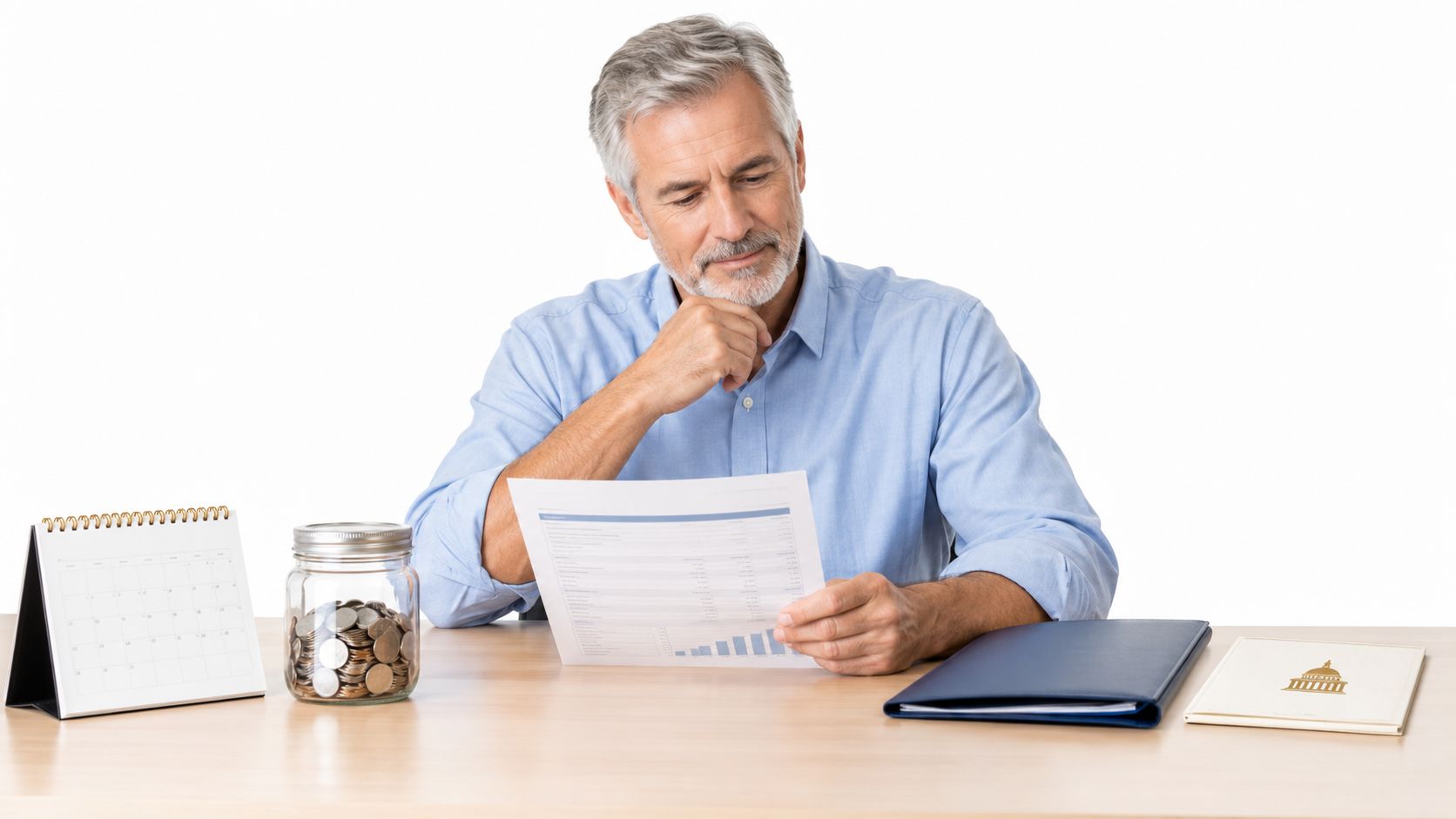 A mature businessman in a blue shirt reviewing financial documents and savings while sitting at a desk.