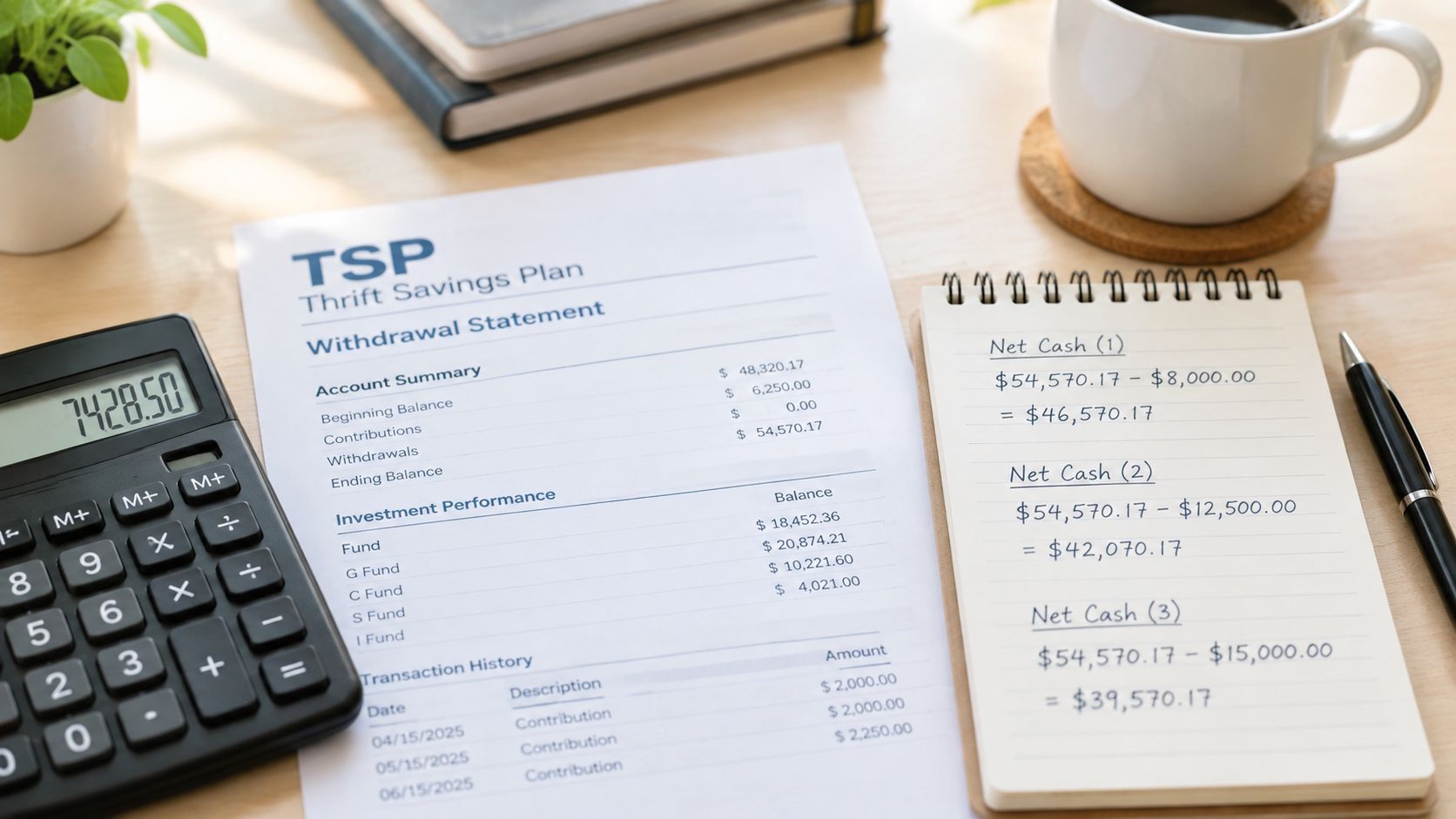 A document showing Thrift Savings Plan account details with a calculator and handwritten financial calculations.