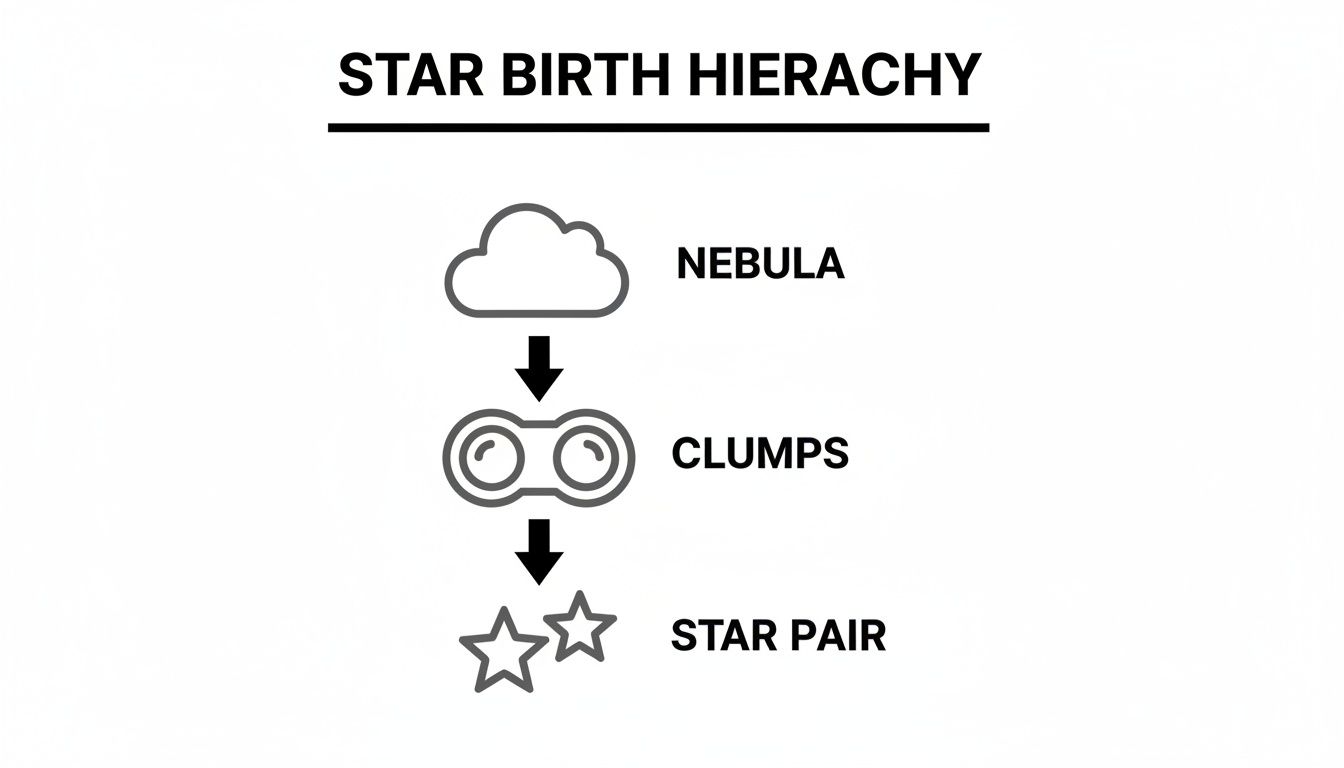 A diagram illustrating the star birth hierarchy from nebula to clumps, ending with a star pair.
