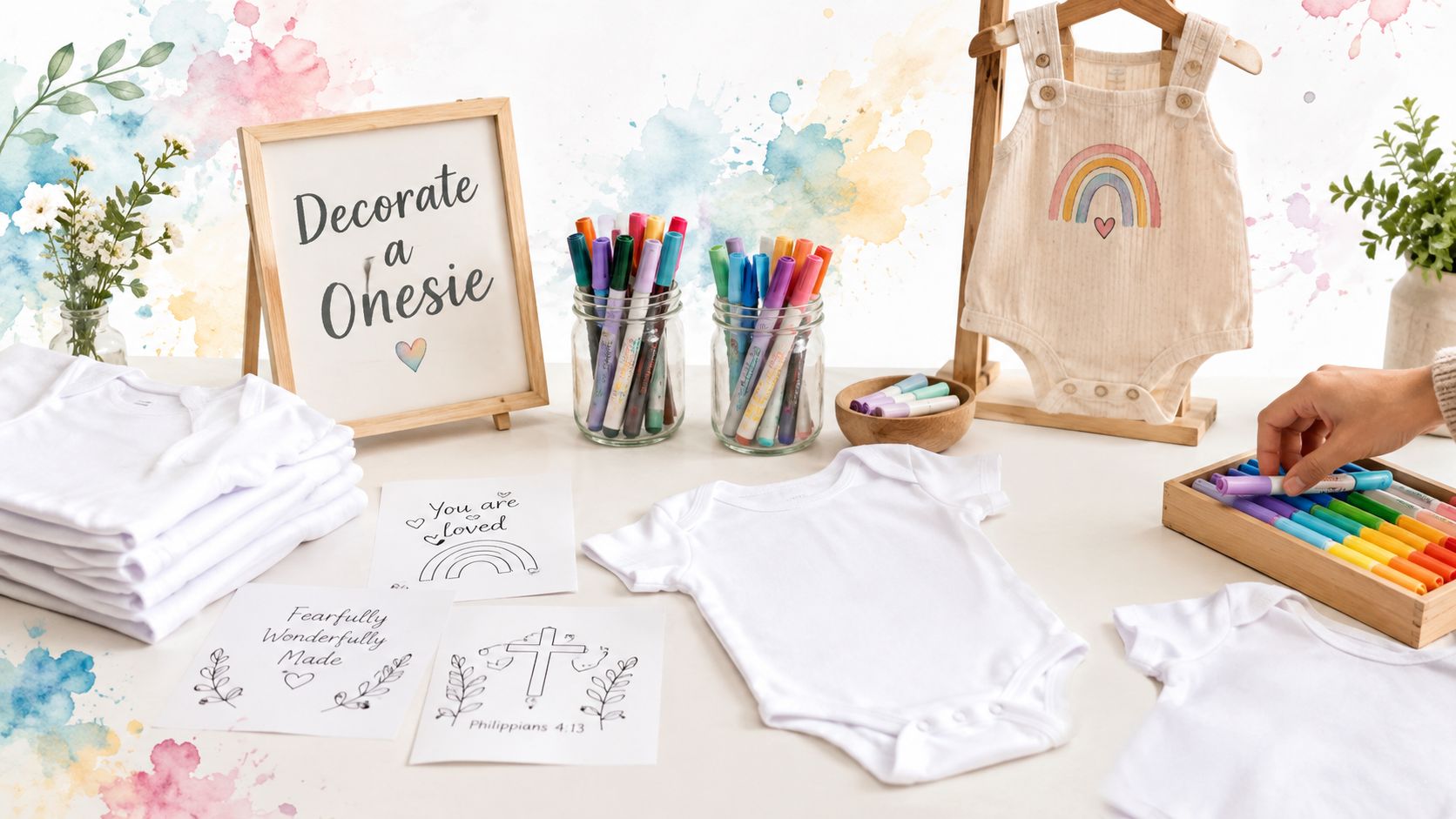 A craft station for a Christian baby shower featuring plain onesies, markers, and religious-themed coloring templates.