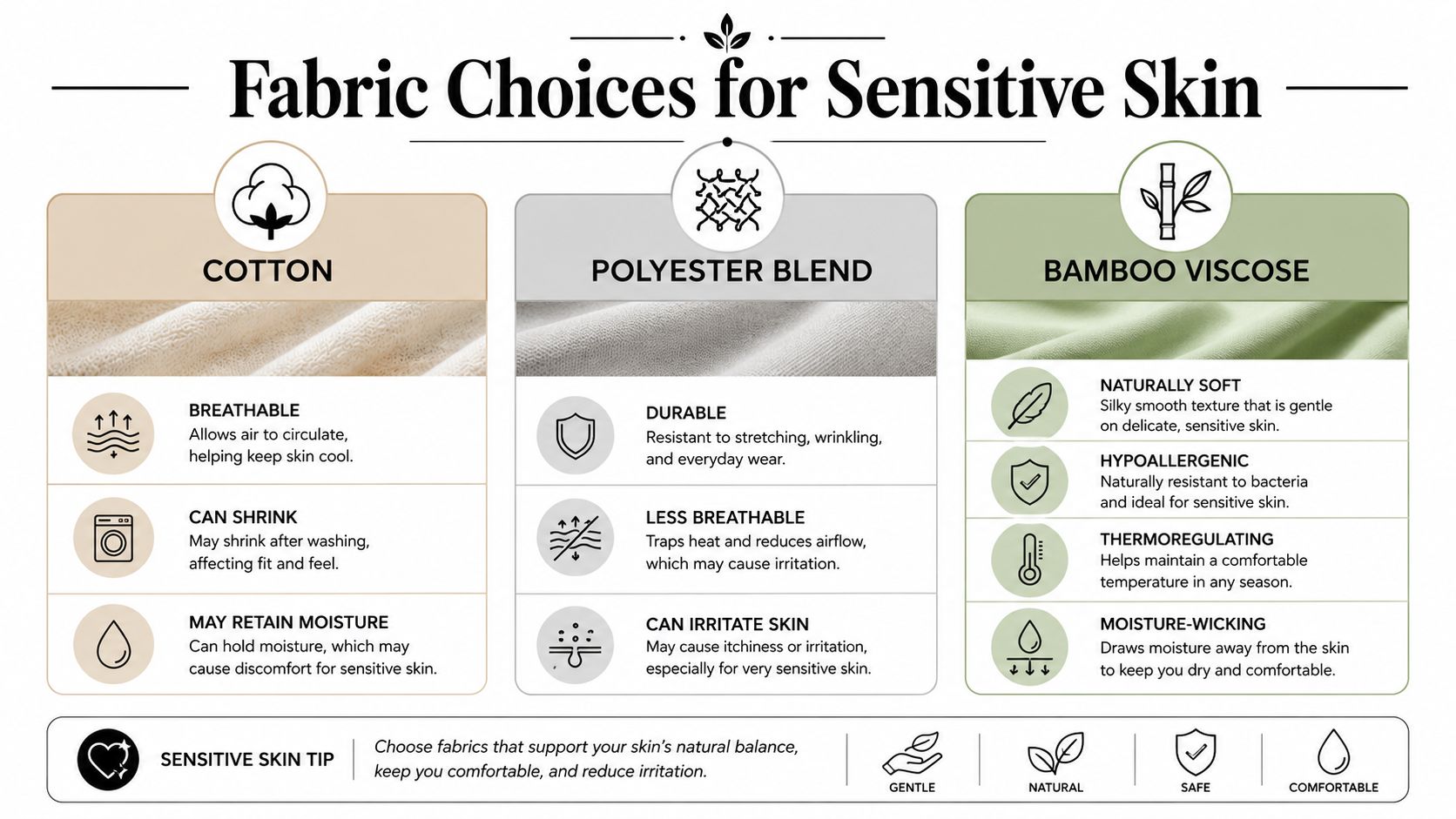 An infographic comparing cotton, polyester blend, and bamboo viscose fabrics for people with sensitive skin concerns.
