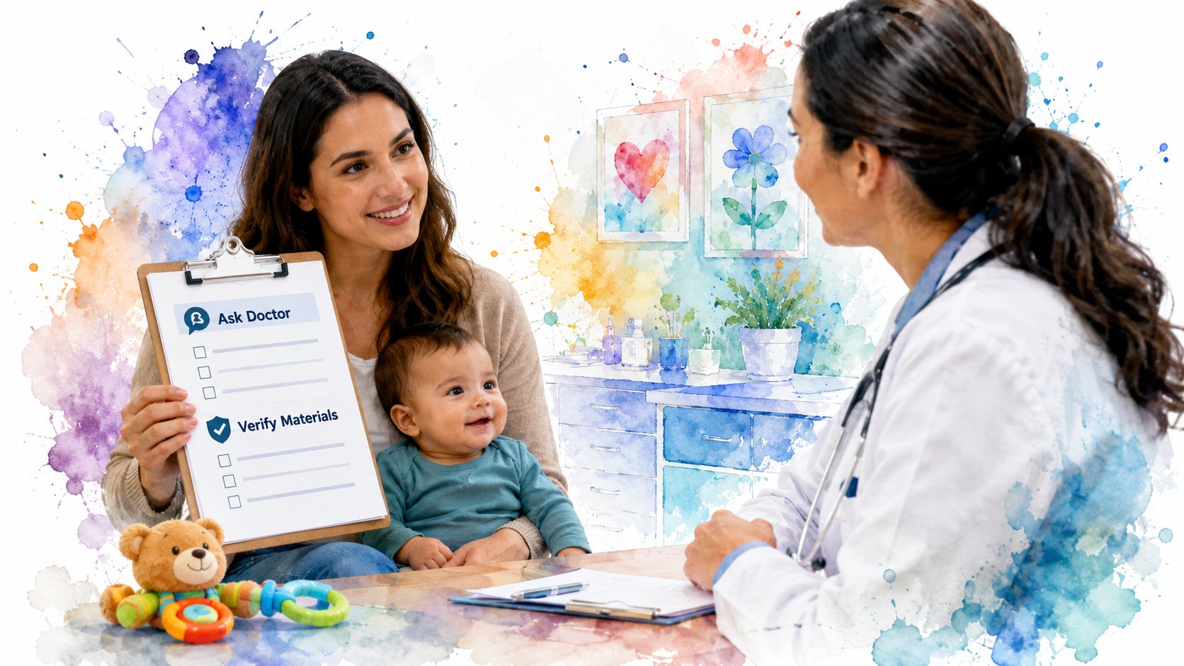 A mother holding her baby sits in a doctor office while showing a list of medical questions