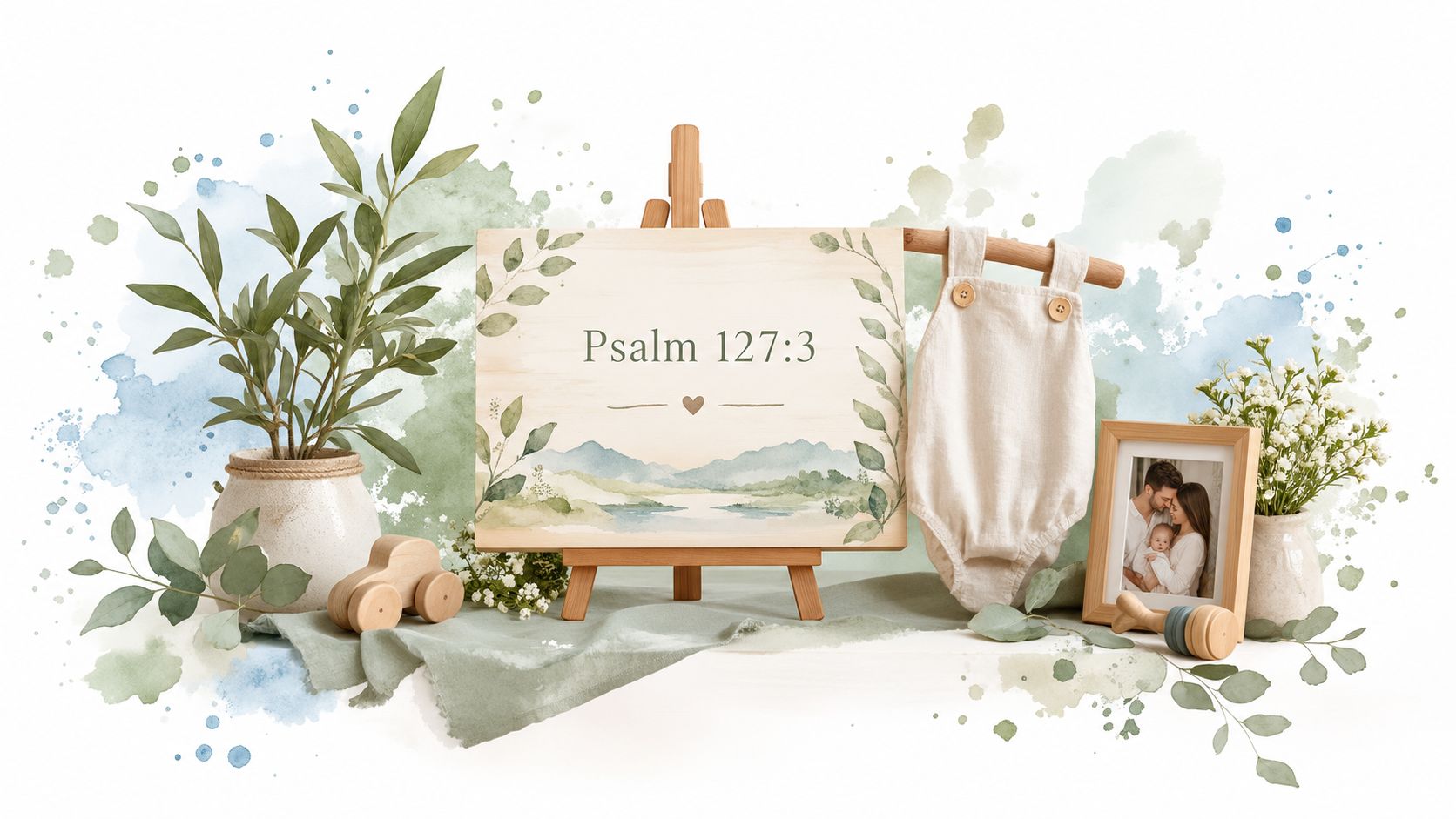 A wooden easel displaying Psalm 127:3 with greenery, baby clothes, and a family photo on a table.