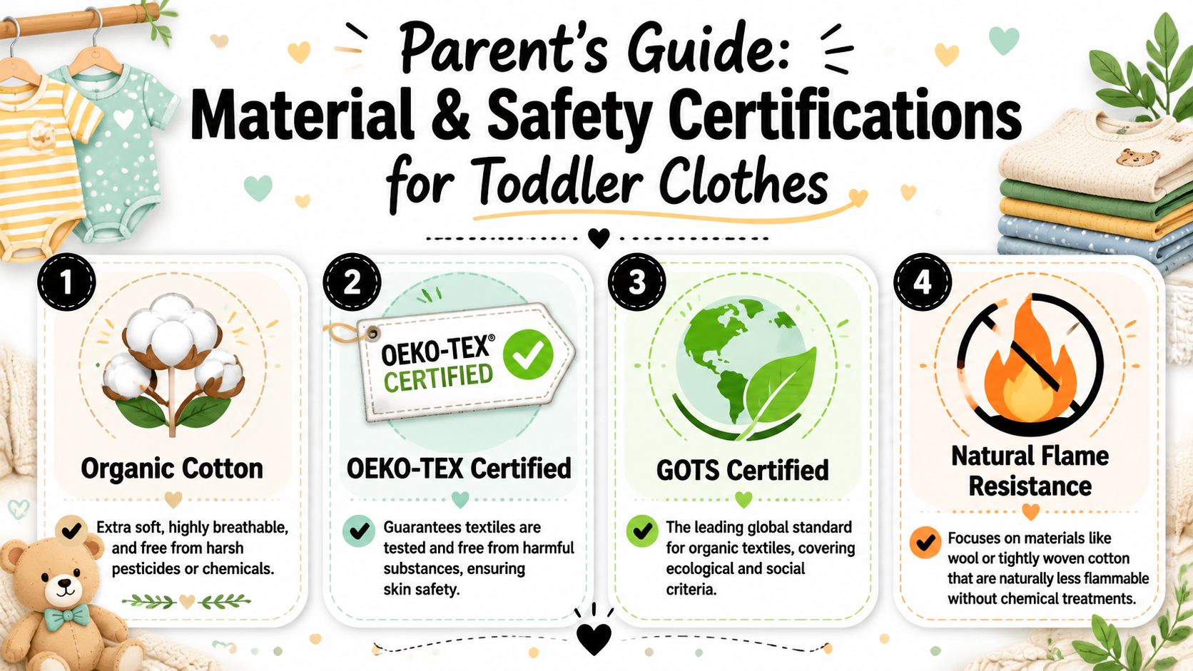 An infographic titled Parent's Guide to Material and Safety Certifications for Toddler Clothes highlighting four essential standards.