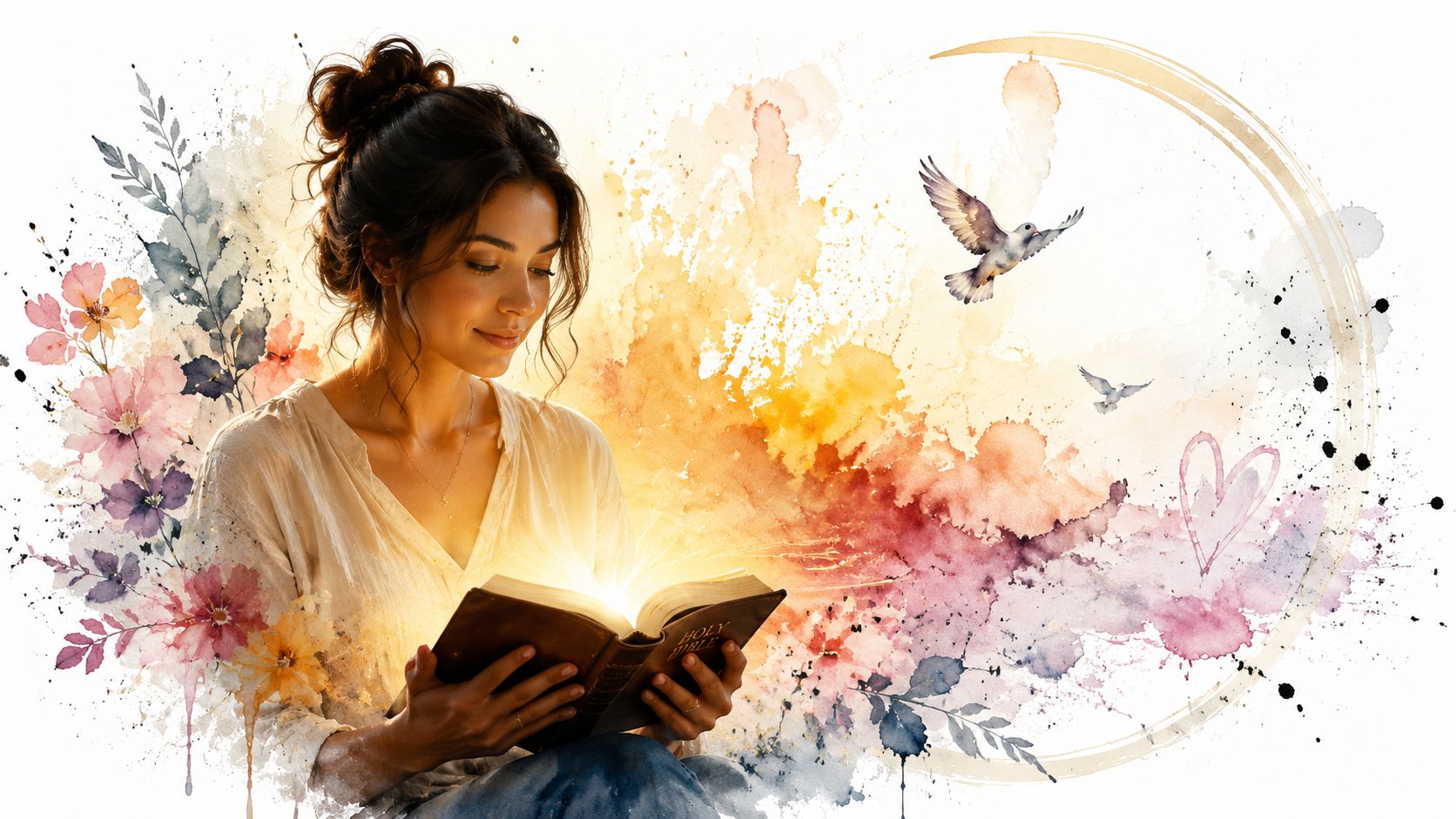 A young woman peacefully reading a glowing Holy Bible surrounded by watercolor flowers and flying doves.