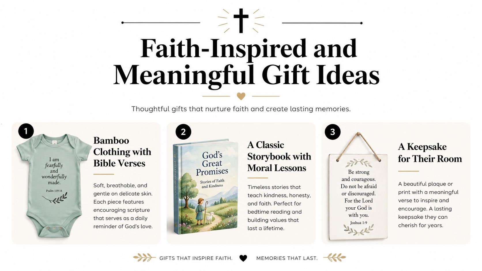 Three faith-inspired gift ideas for children, including bamboo clothing, a storybook, and a decorative wall plaque.