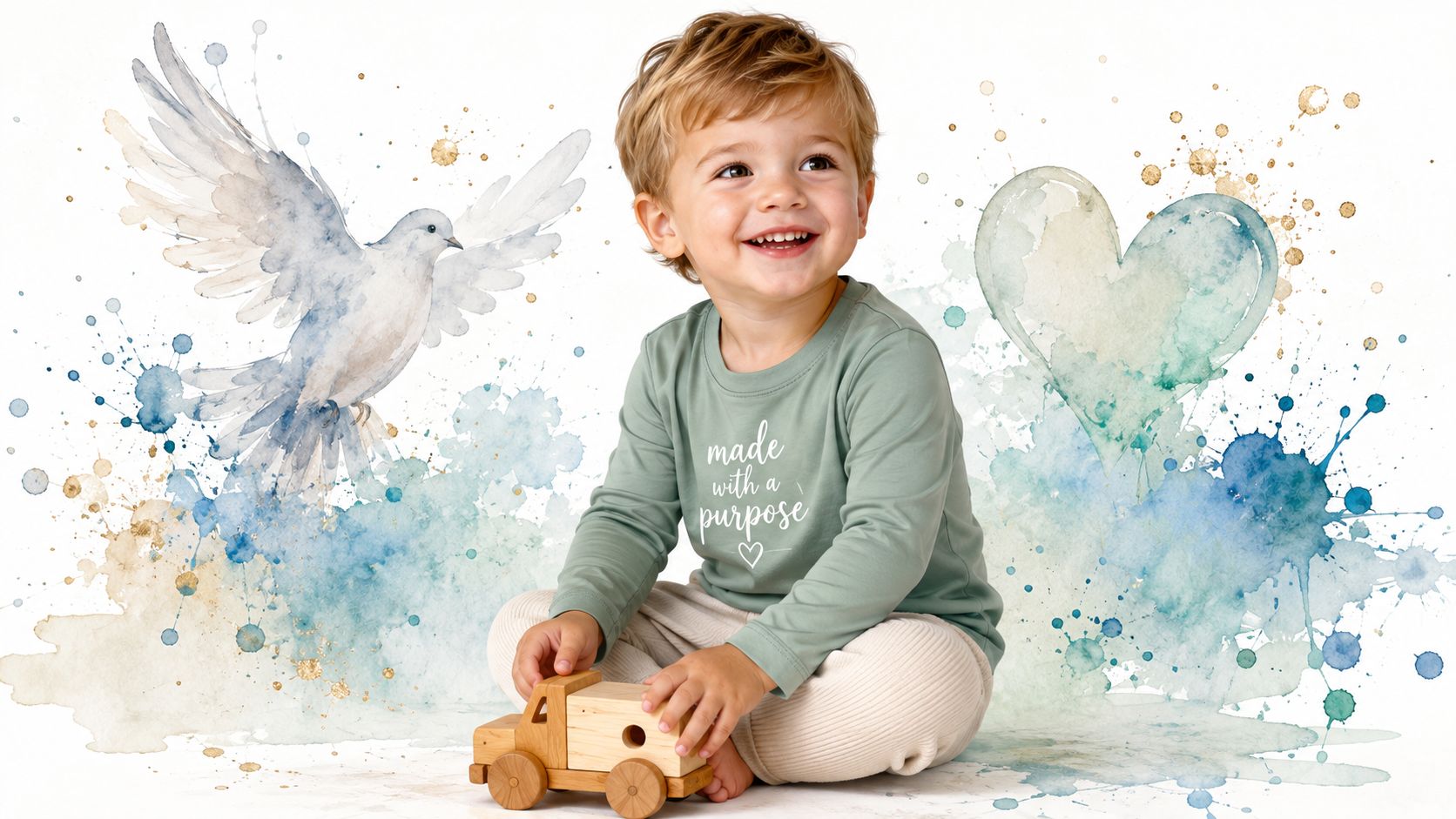 A smiling toddler boy wearing a sage green long sleeve shirt playing with a wooden toy truck.