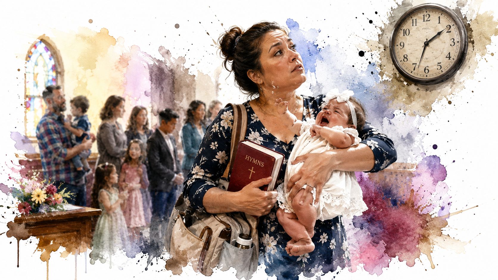 A woman holding a crying baby in a white dress while attending a church service.