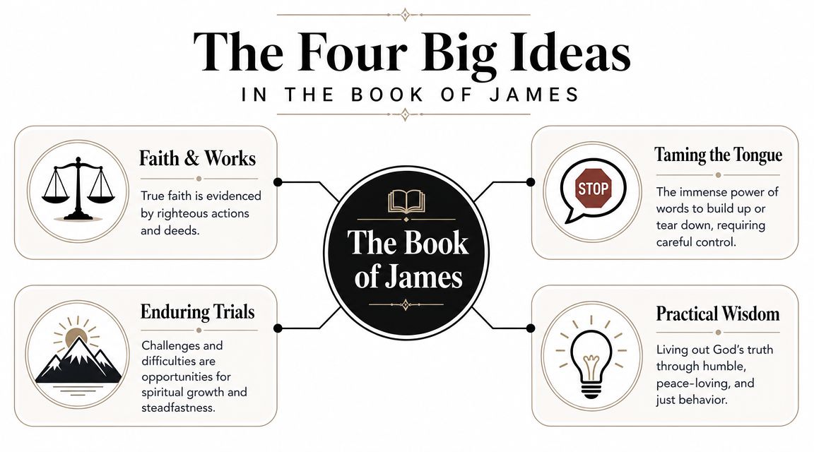 An infographic titled The Four Big Ideas in the Book of James with icons representing key biblical themes.