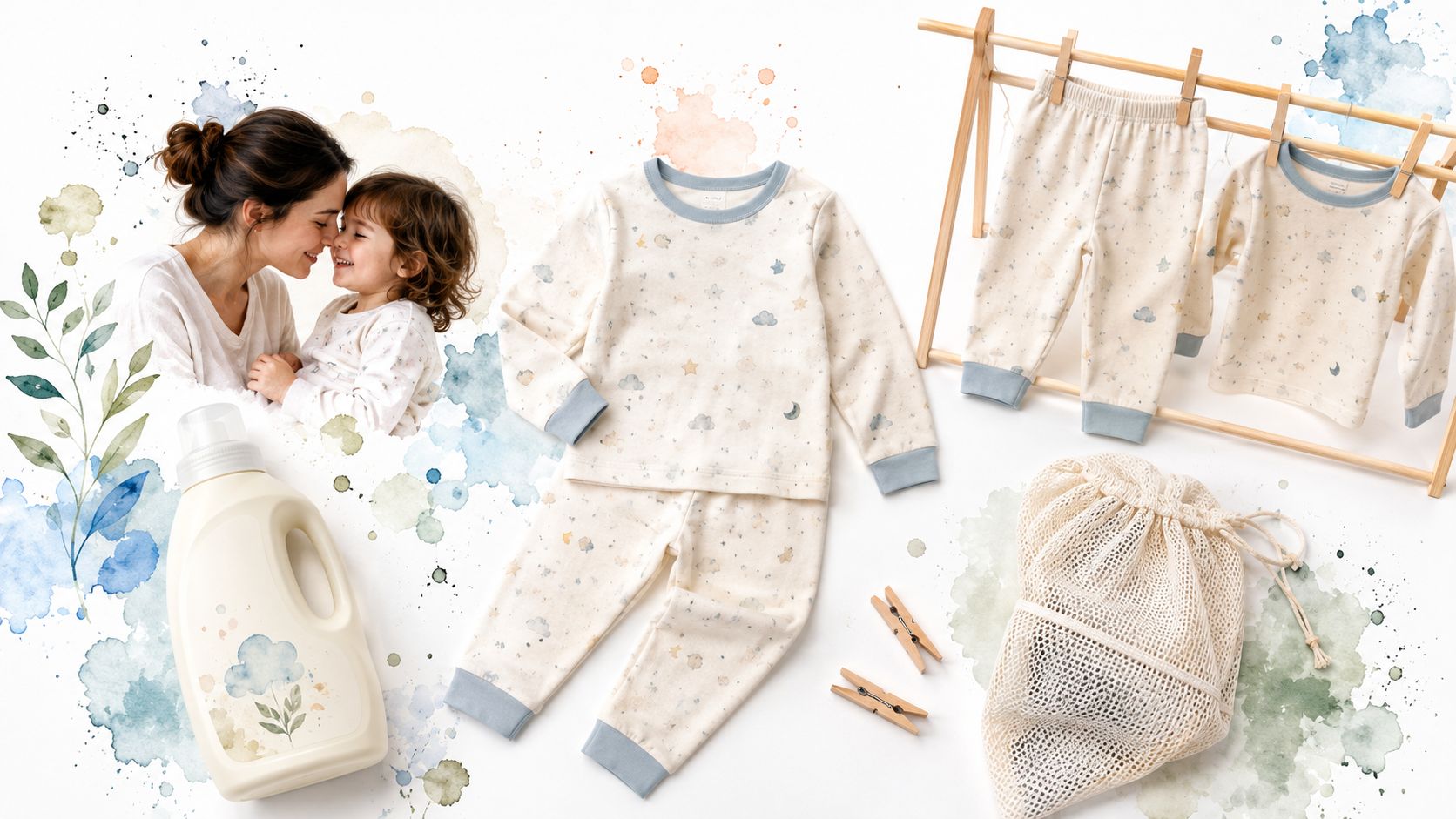 A mother and toddler smiling together next to soft pajamas, laundry detergent, and a clothing drying rack.