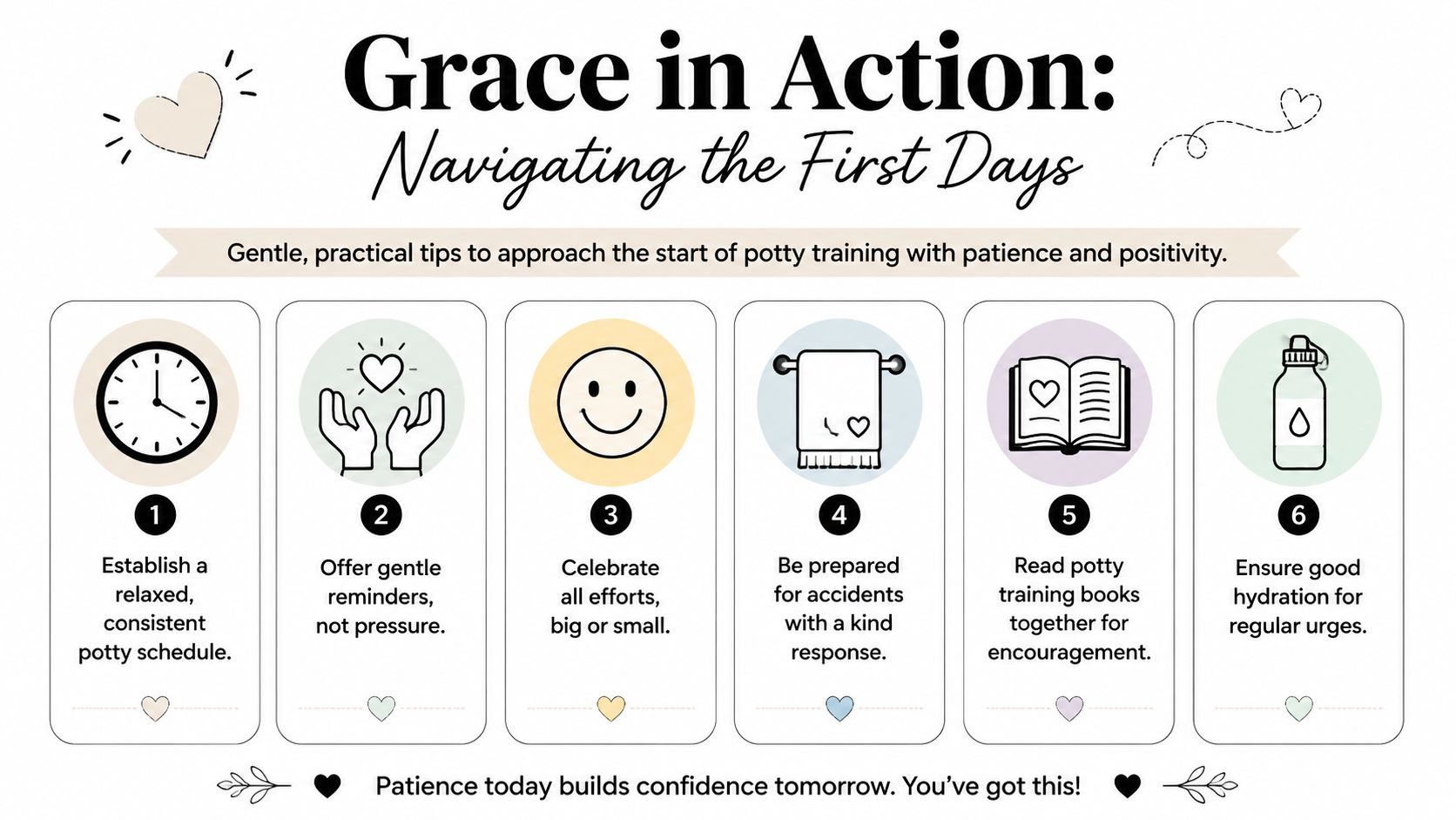 An infographic titled Grace in Action featuring six numbered tips for gentle and positive potty training success.