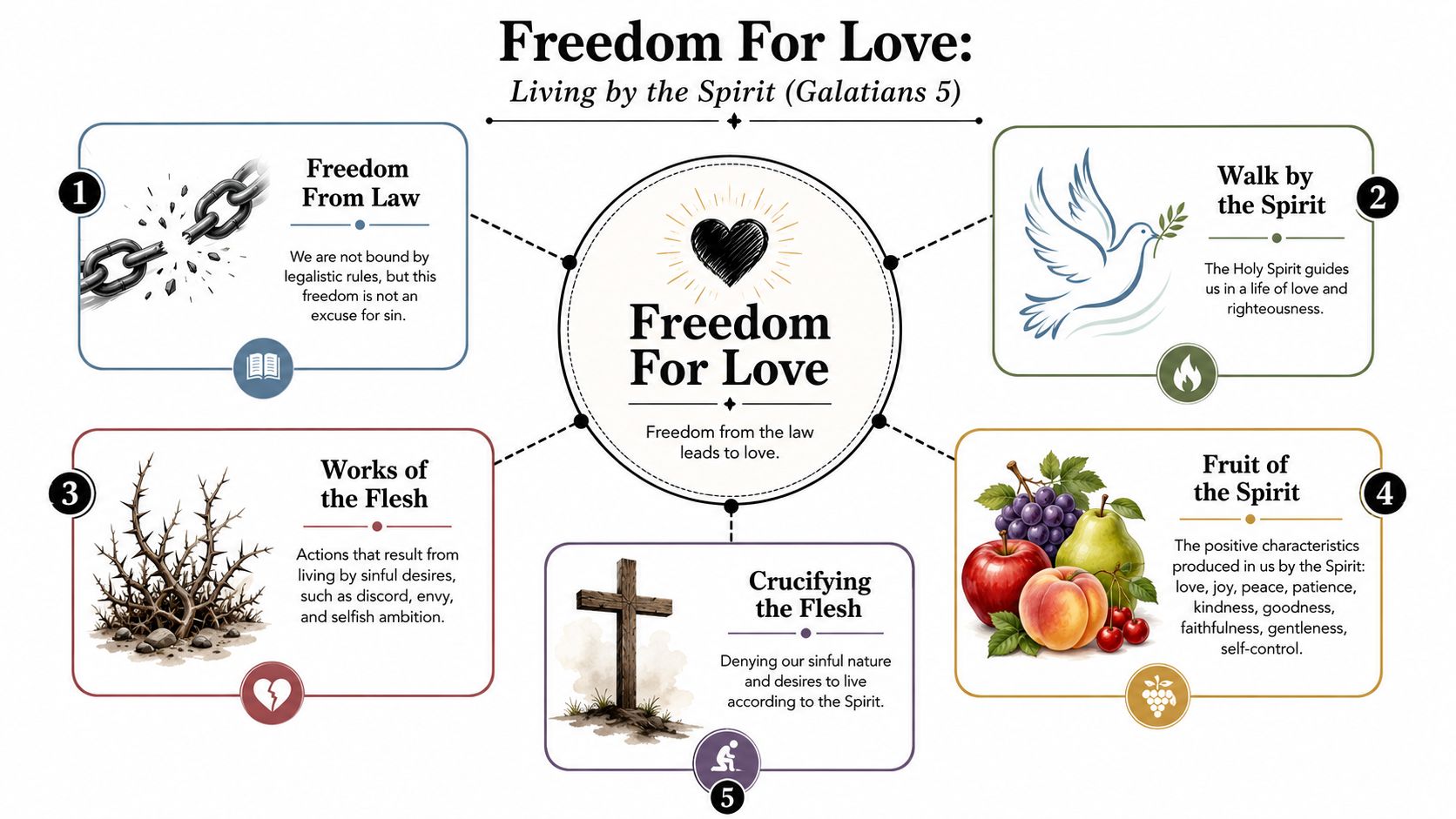 A diagram illustrating the concepts of freedom for love and living by the Spirit from Galatians 5.