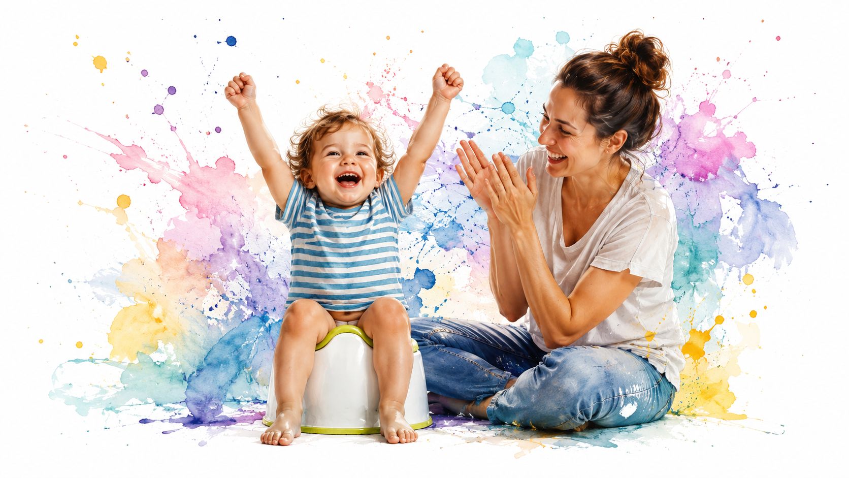 A happy toddler celebrating success on a potty while his mother claps for him against colorful watercolor splashes.
