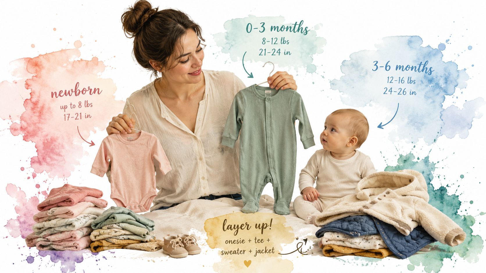 A mother holds baby clothes while her infant sits surrounded by stacked outfits for different age ranges.