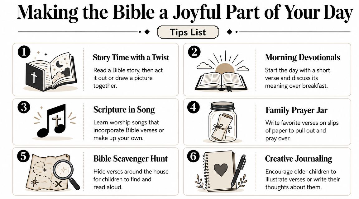 A list of six creative tips for families to make reading the Bible a joyful daily activity.
