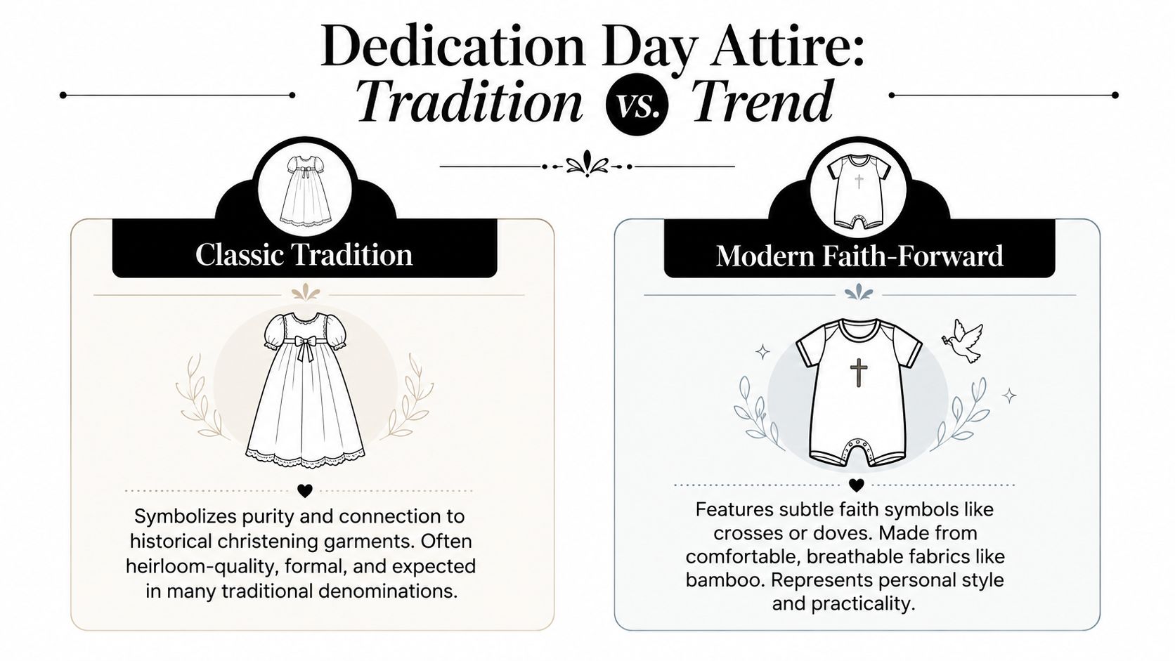 A comparison chart showing traditional long christening gowns versus modern faith-inspired baby outfits for dedication day.