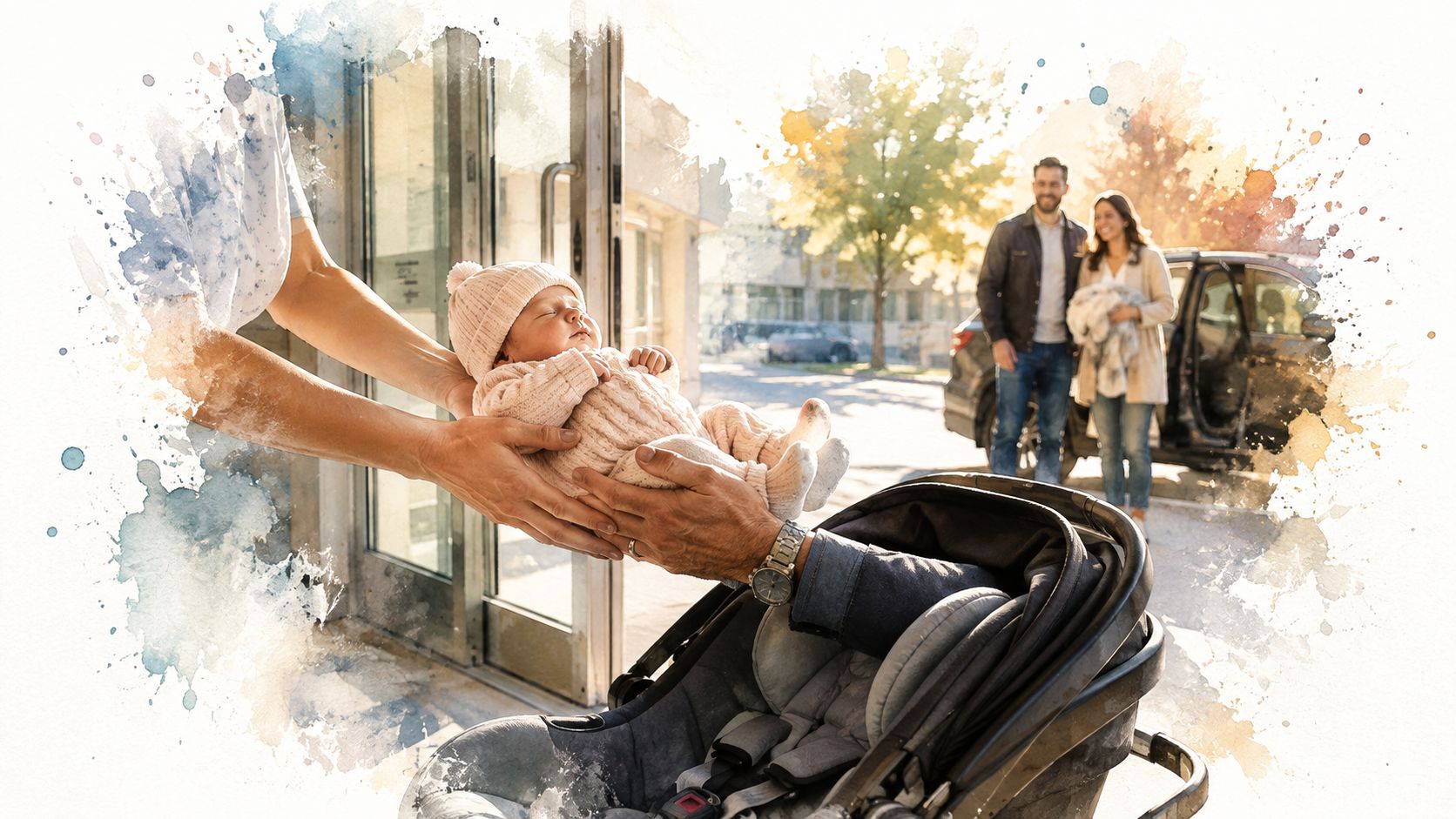A person placing a sleeping newborn baby boy into a car seat outdoors with parents standing nearby.