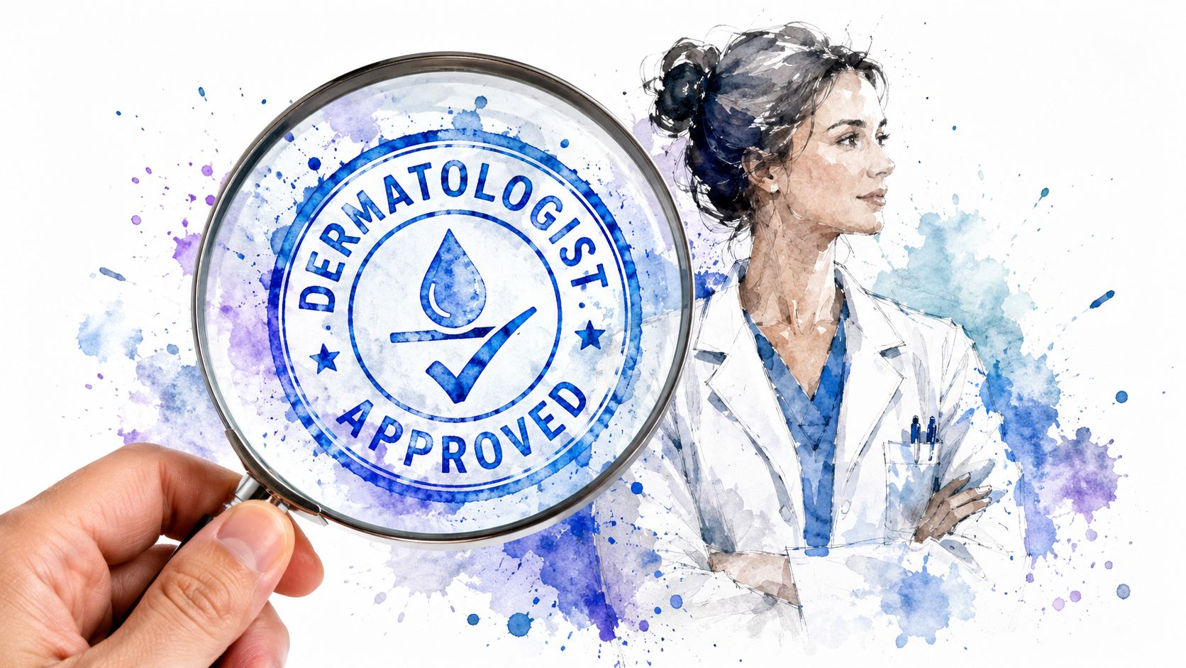A hand holds a magnifying glass over a blue, watercolor-style stamp that reads Dermatologist Approved.