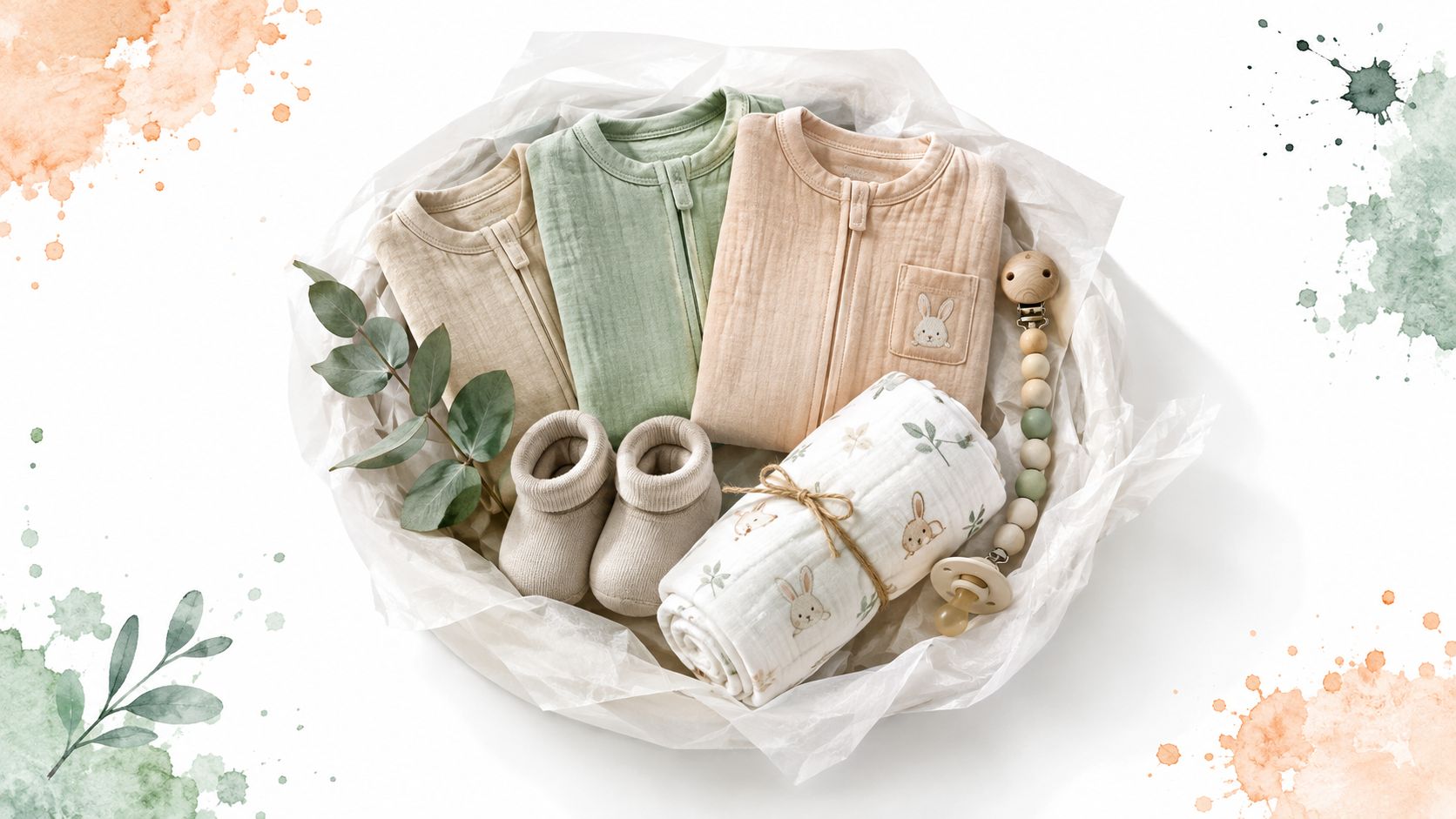 A curated baby shower gift set featuring muslin onesies, baby booties, a swaddle blanket, and pacifier clip.