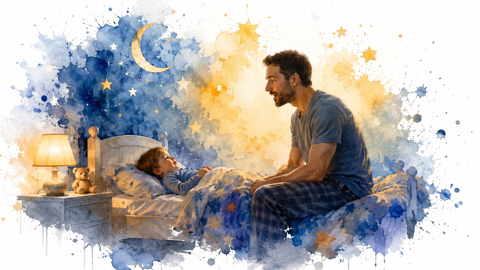 A father sits on his son's bed, gently tucking him in before a cozy night's sleep.