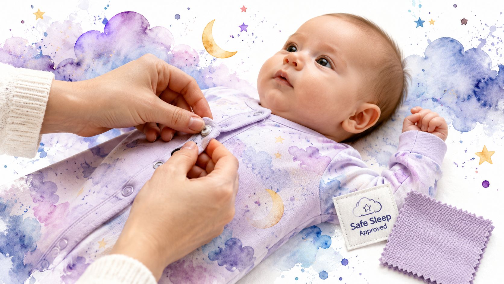 An adult hand fastens a snap on a baby wearing a soft, cloud-patterned purple sleepsuit for comfort.