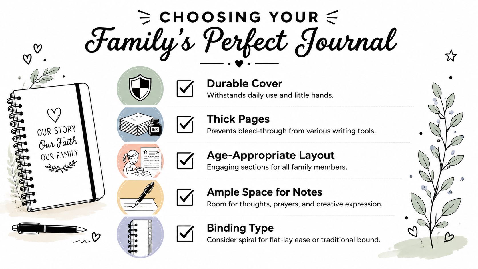 A helpful infographic outlining key considerations for choosing the perfect family journaling notebook for faith and memories.