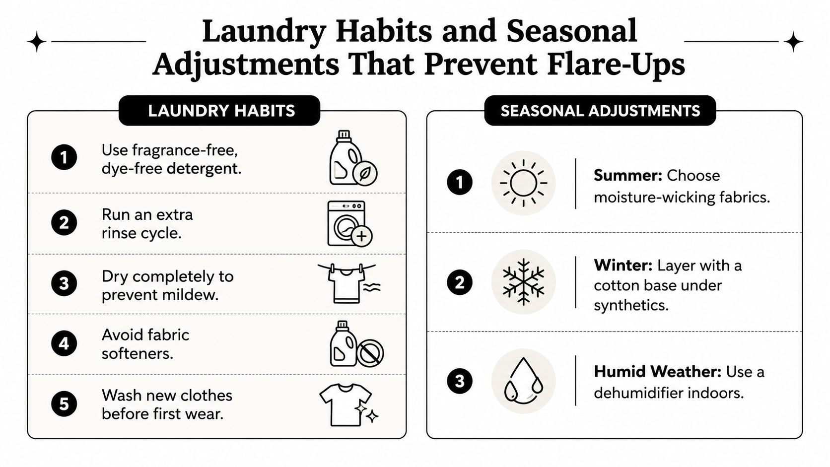 An infographic titled Laundry Habits and Seasonal Adjustments That Prevent Flare-Ups with tips for sensitive skin.