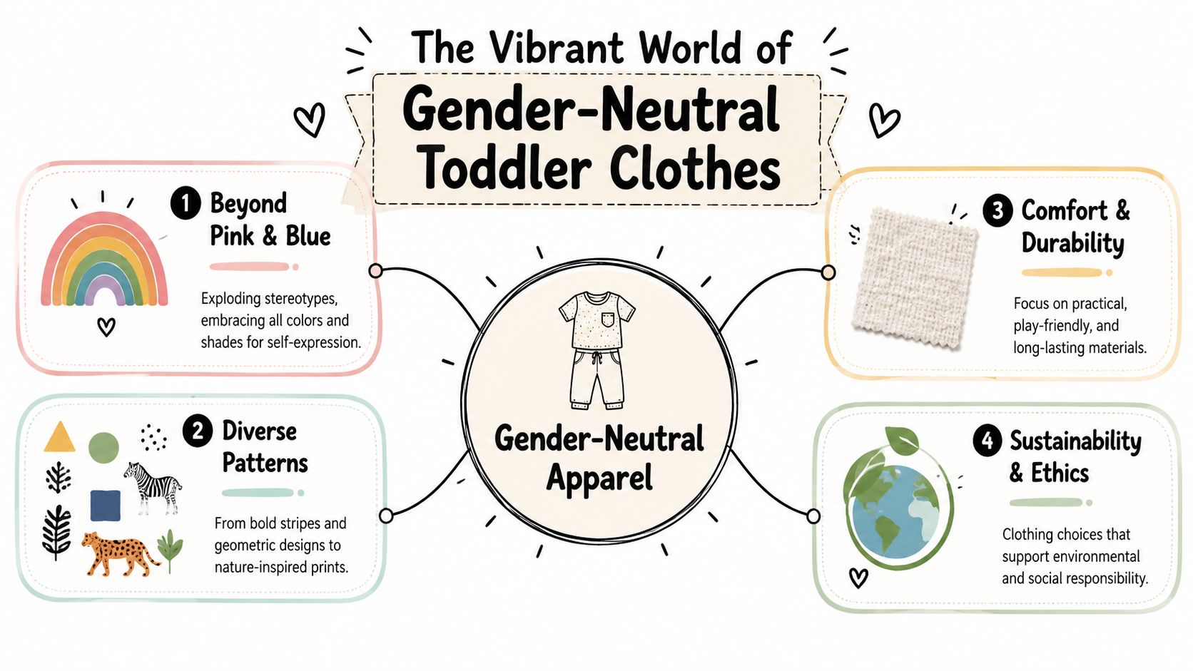 An infographic titled The Vibrant World of Gender-Neutral Toddler Clothes highlighting key features like diverse patterns and sustainability.
