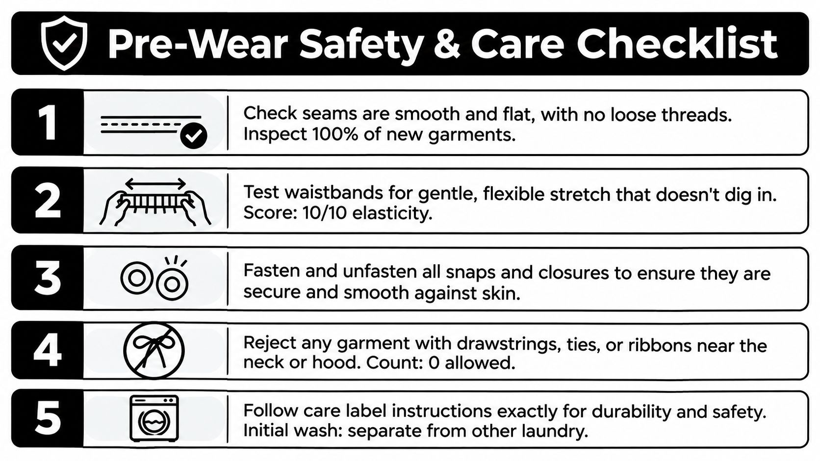 A five-point safety checklist for ensuring baby clothing is secure, comfortable, and hazard-free before wear.