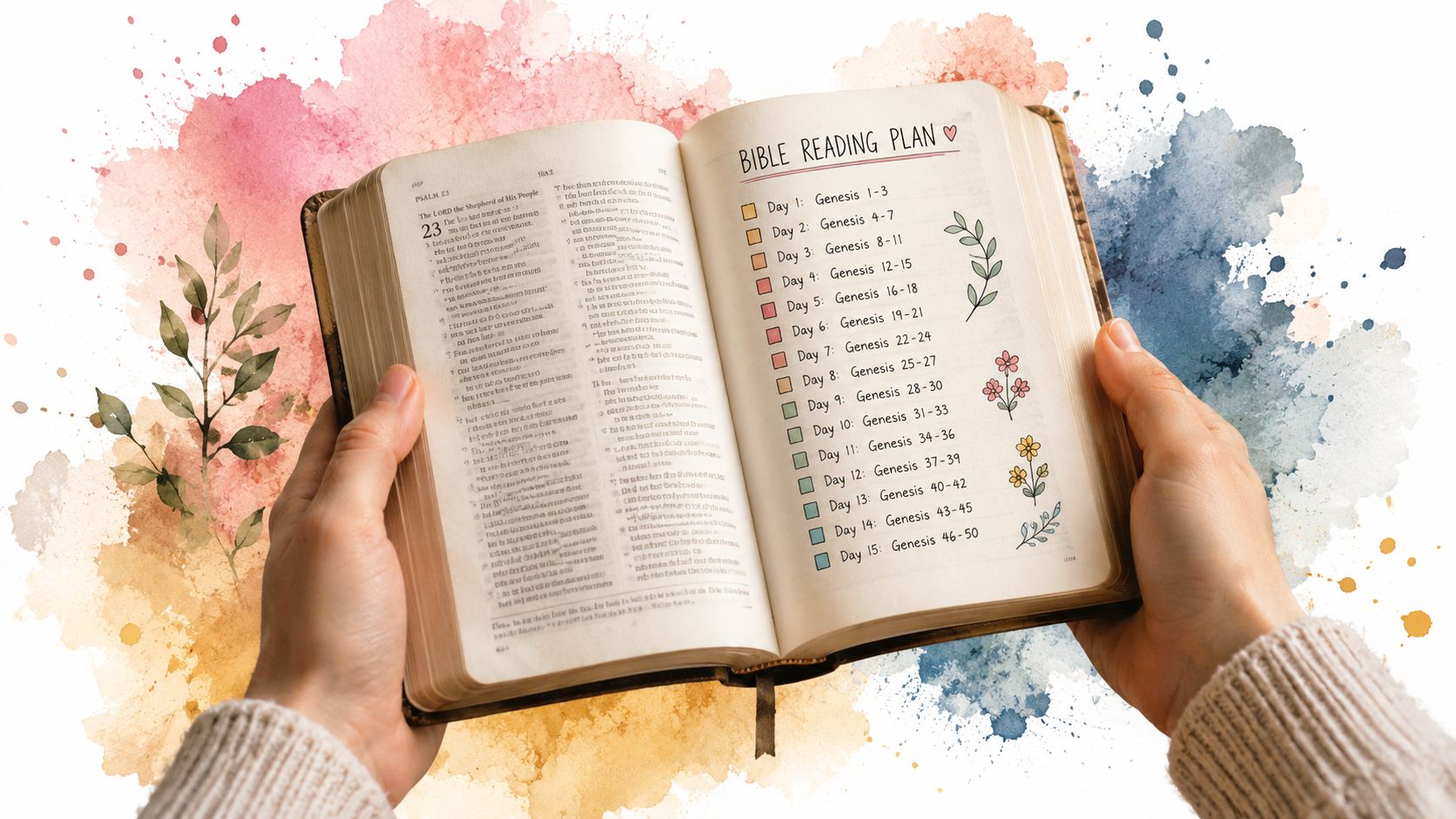 A person holding an open Bible with a handwritten reading plan for Genesis displayed on the page.