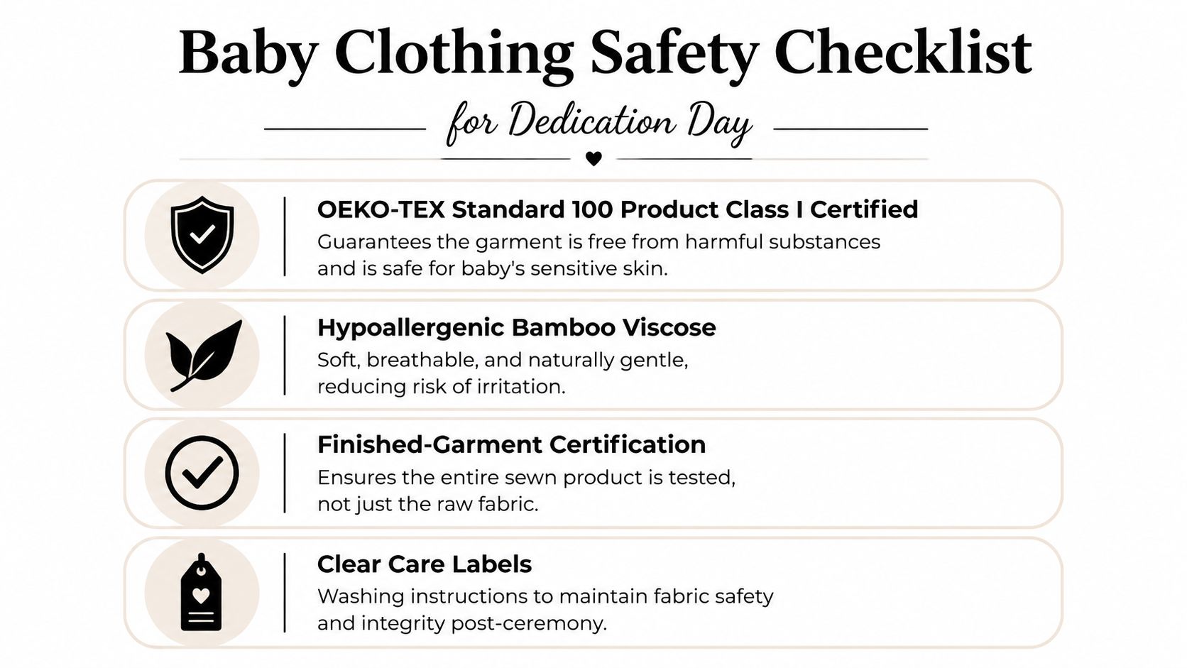 A safety checklist infographic for selecting baby clothing for a dedication day ceremony, featuring four key safety certifications.