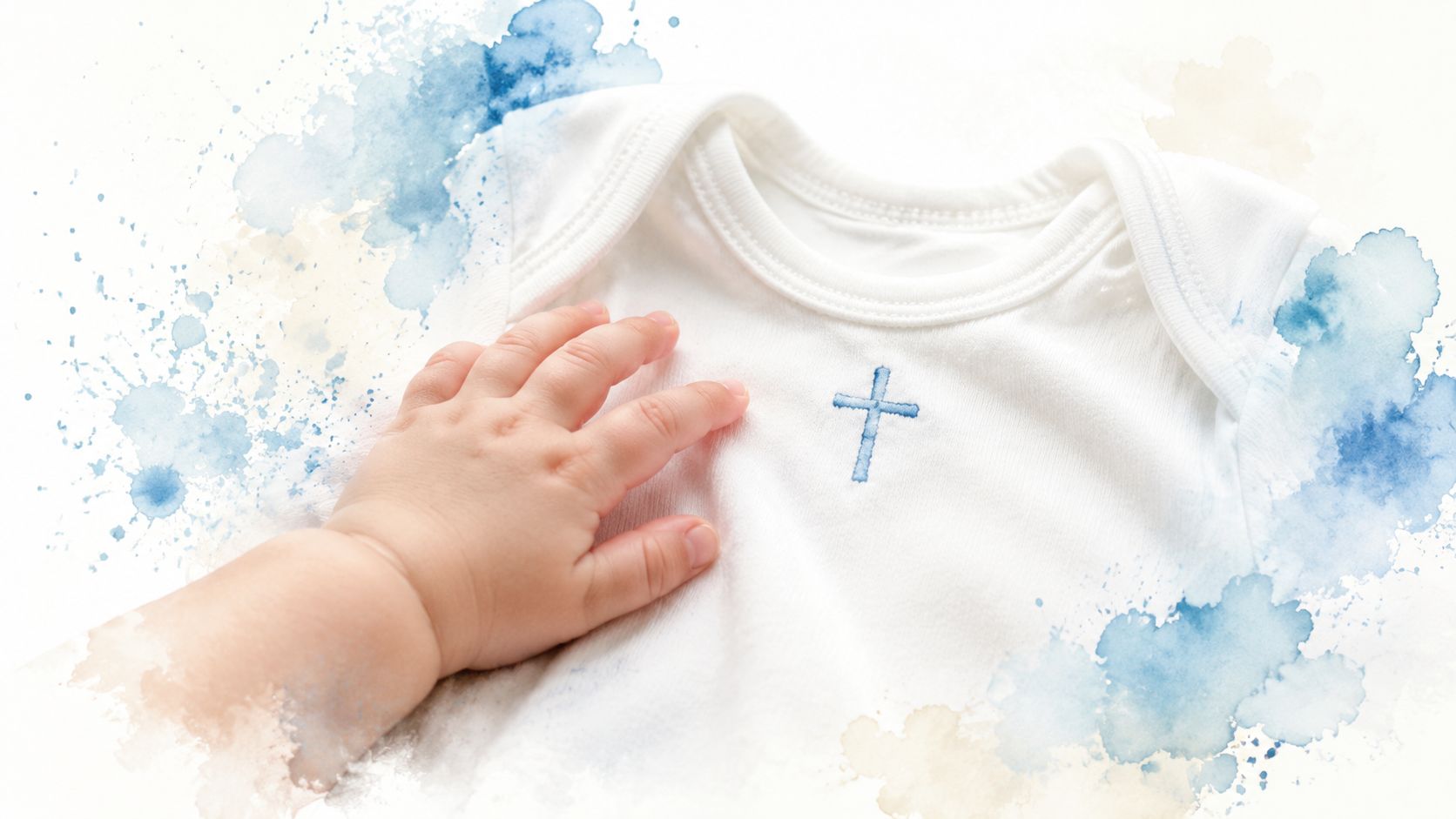 A close-up of a baby's hand resting on a white onesie featuring a small embroidered blue cross.