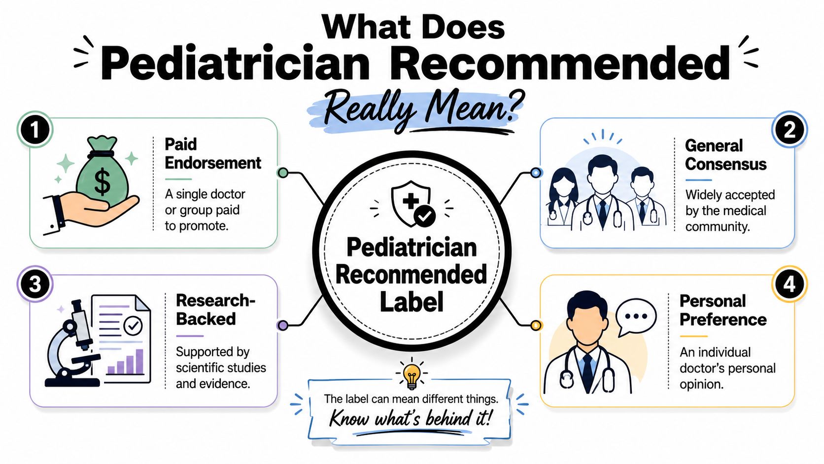 An infographic explaining four different meanings behind the Pediatrician Recommended label on various consumer products.