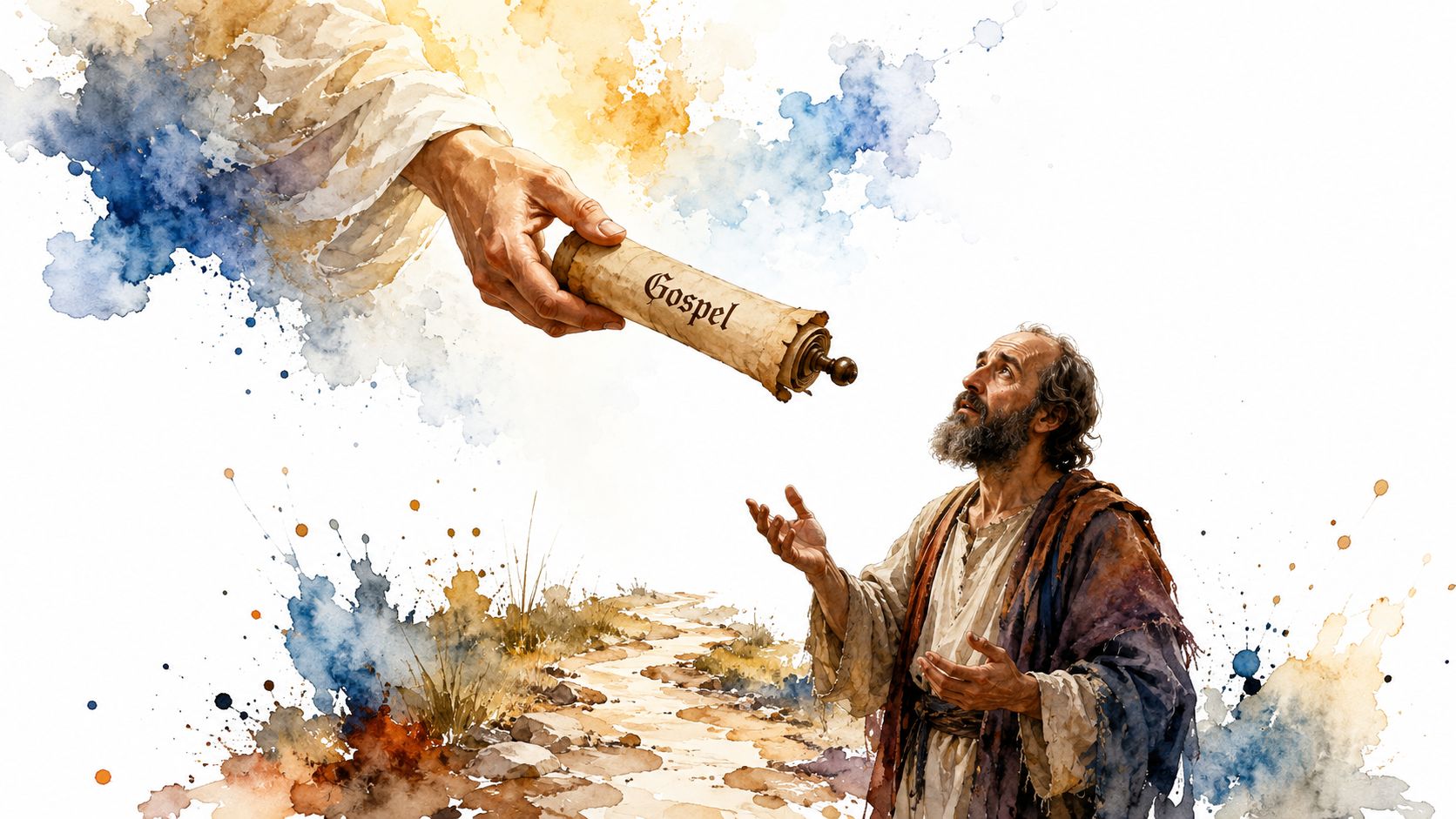 A divine hand descends from the clouds to offer a scroll labeled Gospel to a bearded man.
