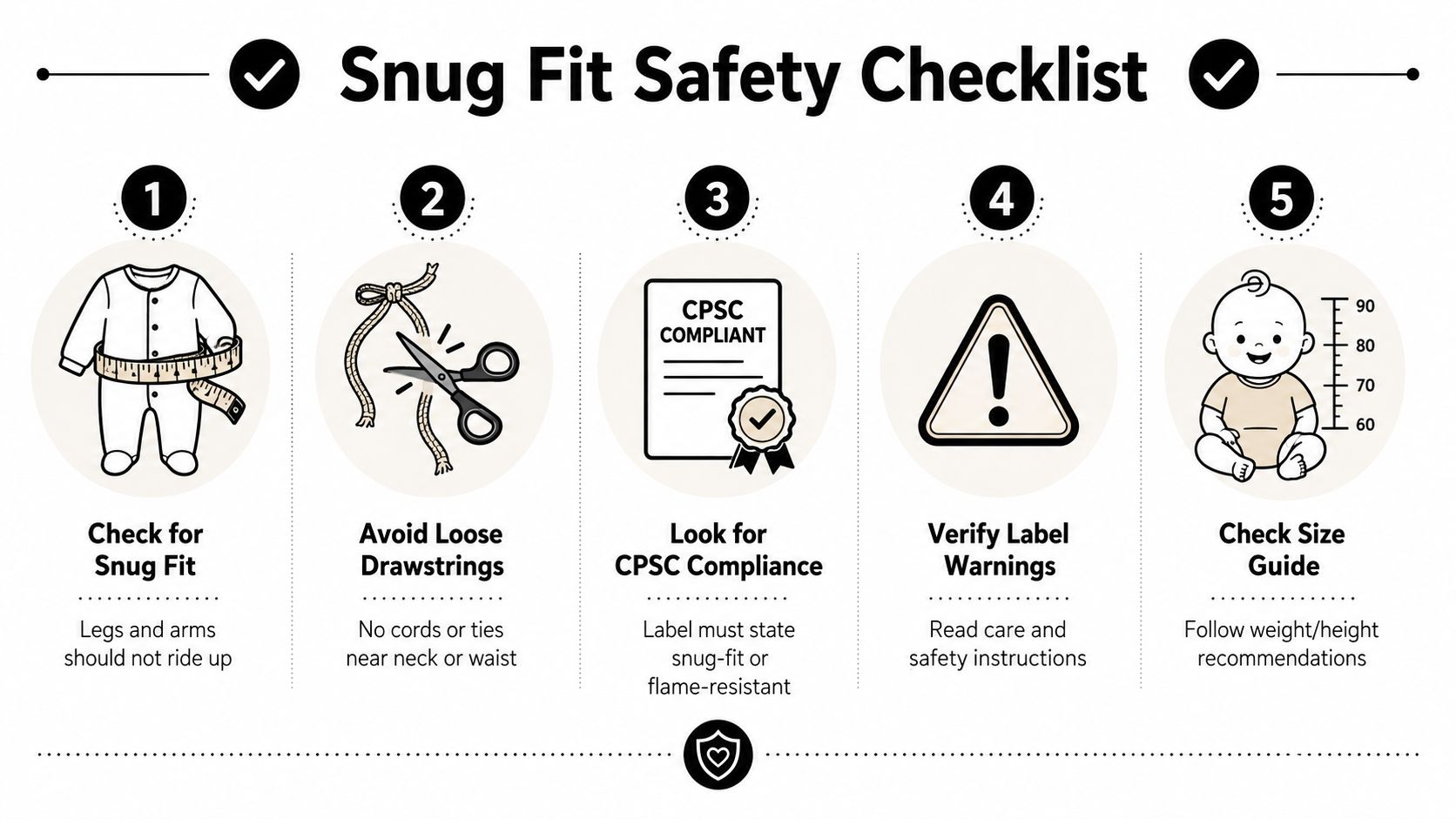 A safety checklist infographic explaining how to ensure infant pajamas provide a safe and snug fit.