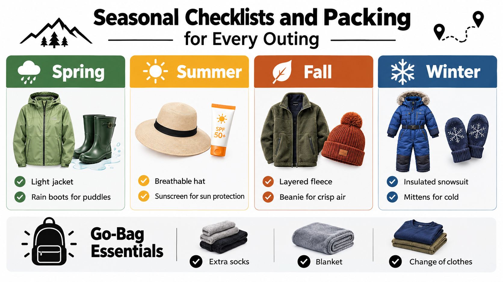 A seasonal packing guide infographic illustrating appropriate clothing and gear for spring, summer, fall, and winter outings.