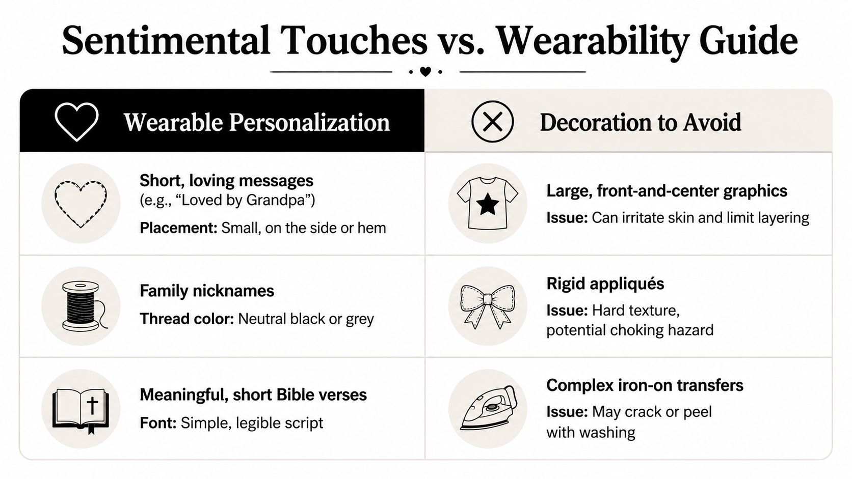 A comparison guide showing recommended sentimental touches versus decorations to avoid on baby clothing.