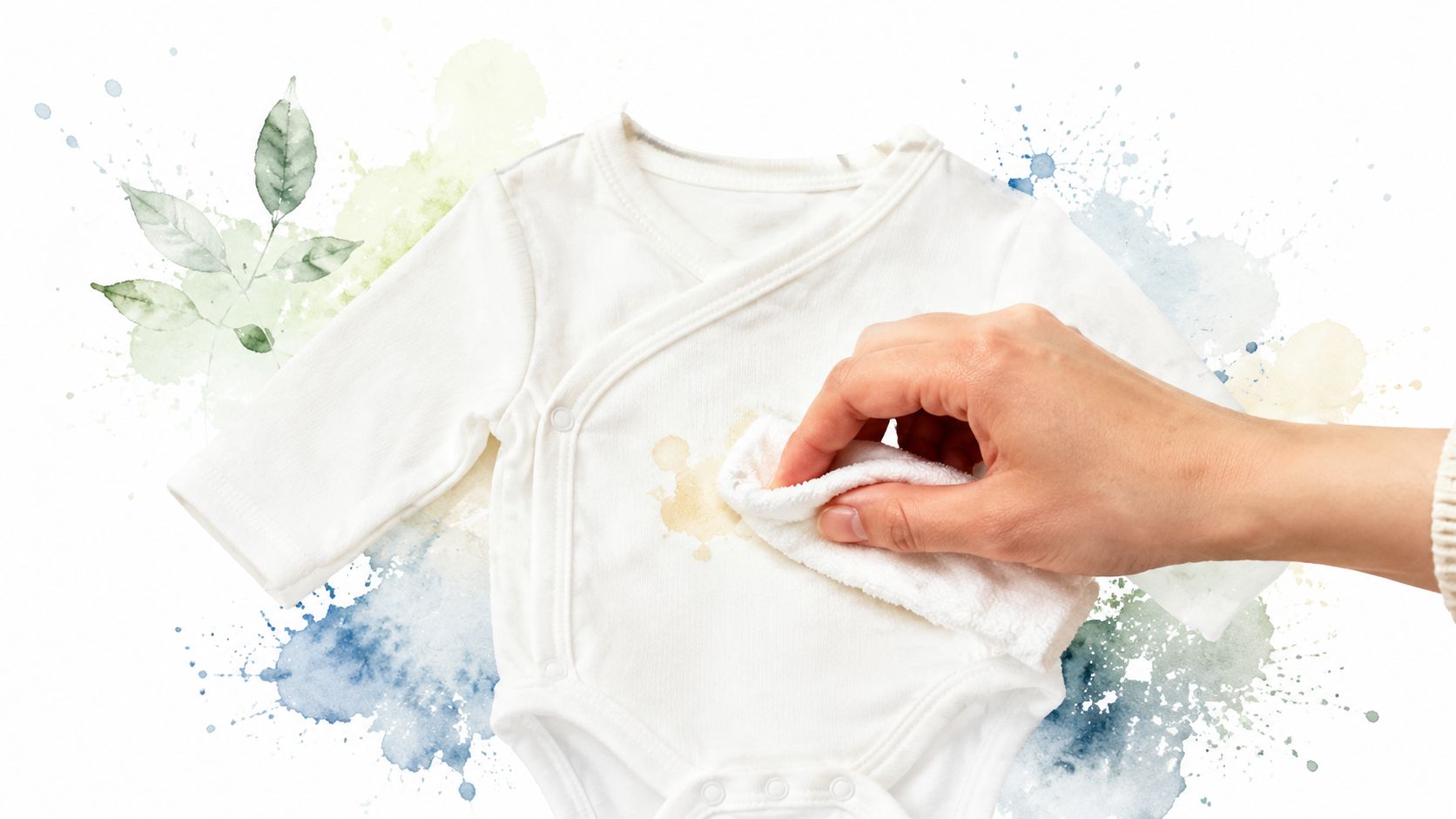 A hand wiping a stain off a soft white baby bodysuit with a small white cloth.