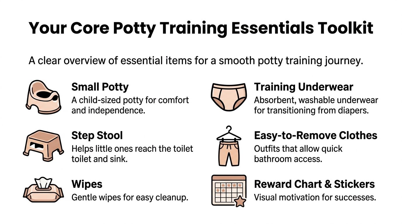 A list of essential potty training tools featuring icons for a potty, stool, wipes, underwear, clothes, and chart.