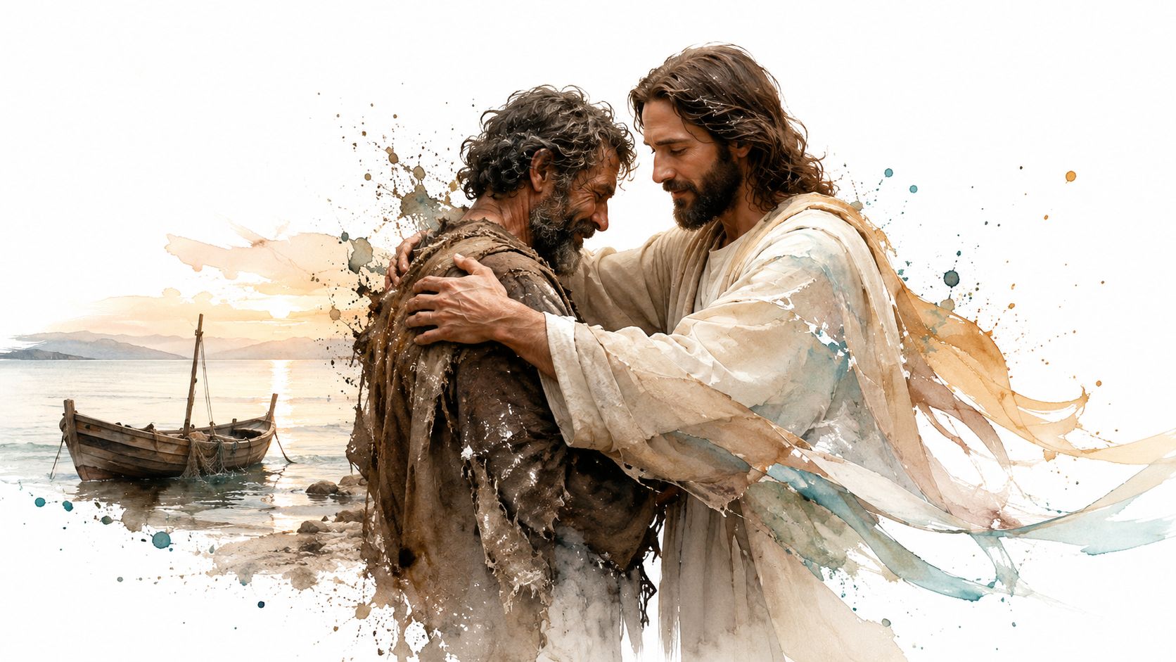A gentle artistic depiction of Jesus Christ embracing a weary fisherman near a small wooden boat.