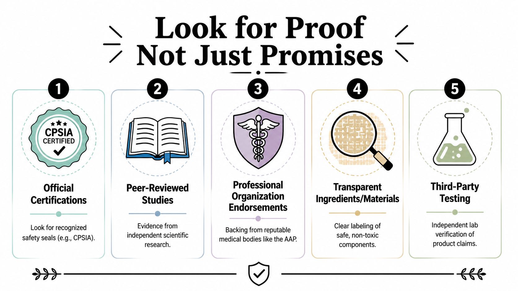 An infographic outlining five key indicators to look for when choosing safe products for children.