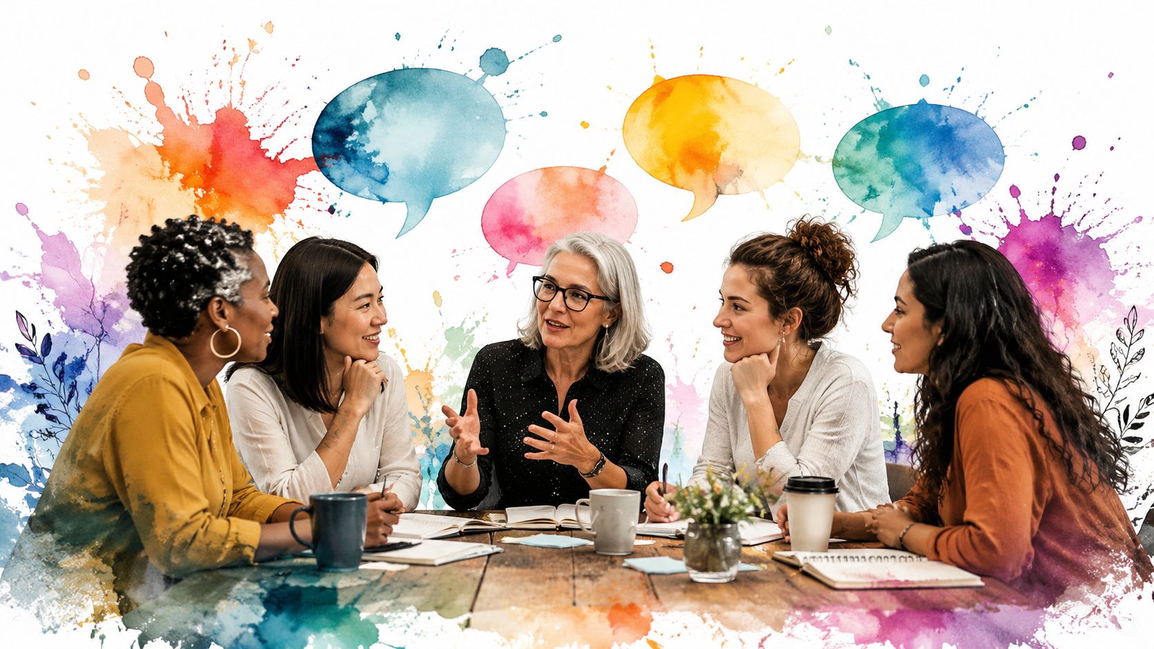 A diverse group of five women sitting around a wooden table having a collaborative meeting with speech bubbles.