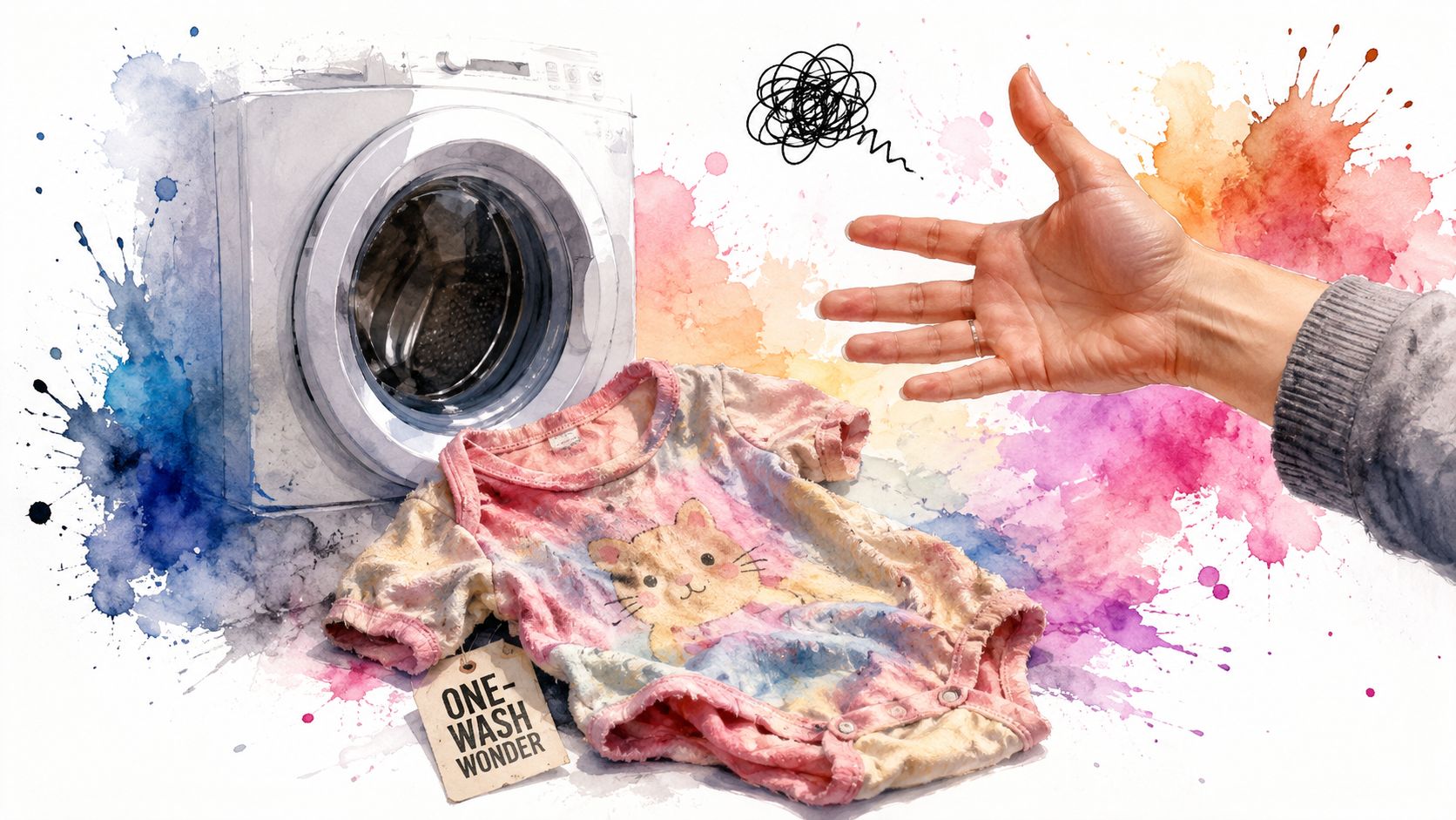 A watercolor illustration of a washing machine, a tie-dye baby onesie, and a hand expressing frustration.