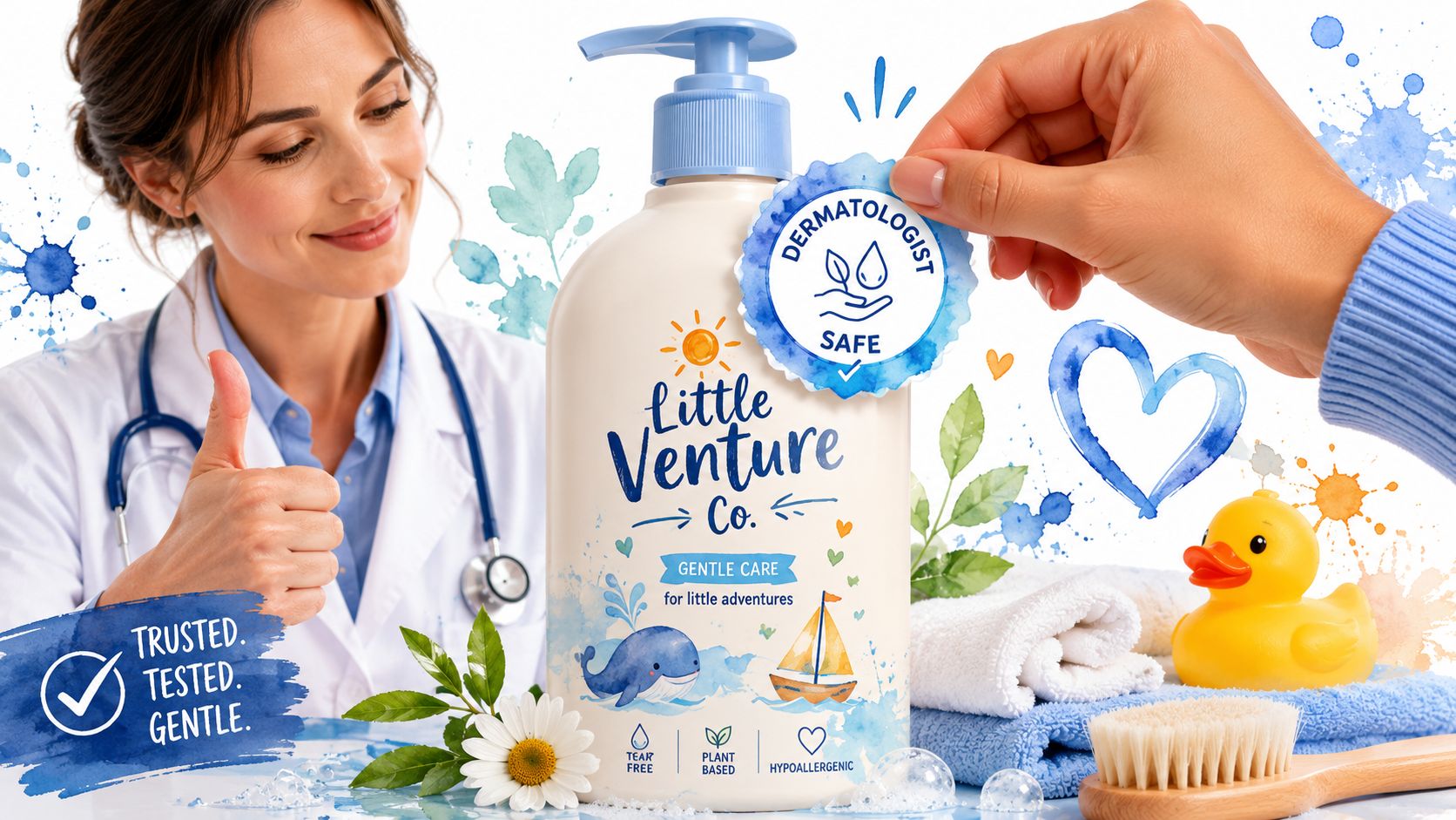A dermatologist gives a thumbs up next to a bottle of Little Venture Co. baby body wash.