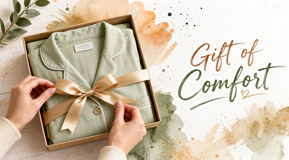 A pair of soft green bamboo pajamas neatly folded in a gift box with a golden ribbon.
