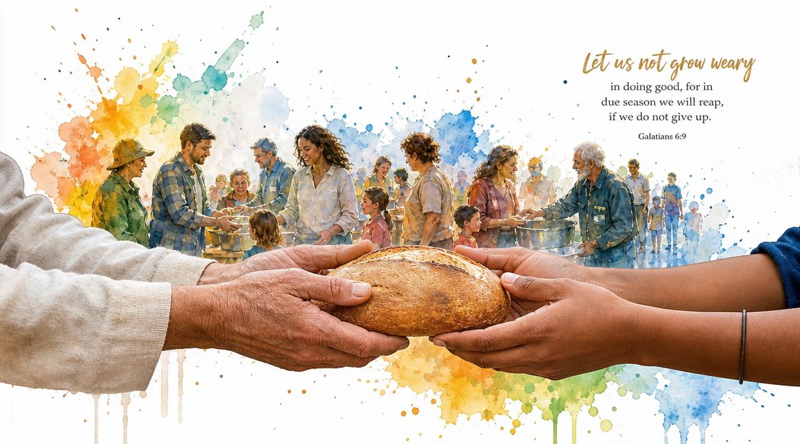 A watercolor-style illustration showing hands sharing a loaf of bread with a community gathering in background.