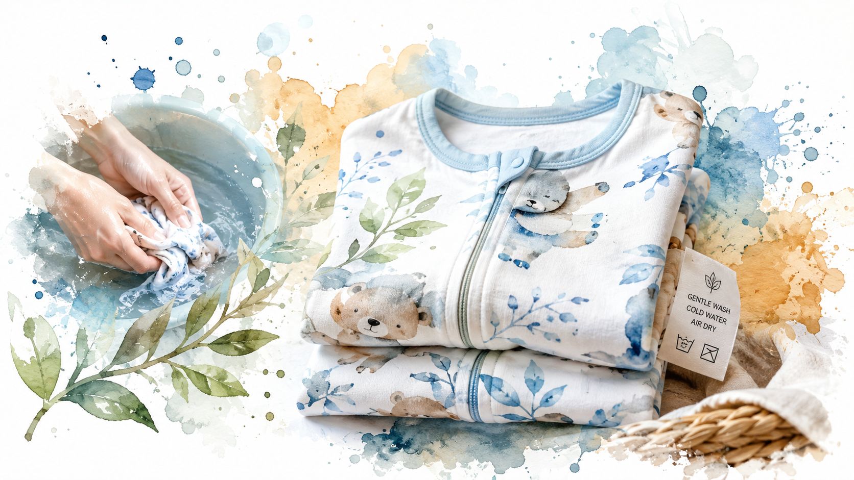 Soft cotton baby boy footie pajamas featuring cute bear prints, being washed by hand in a basin.
