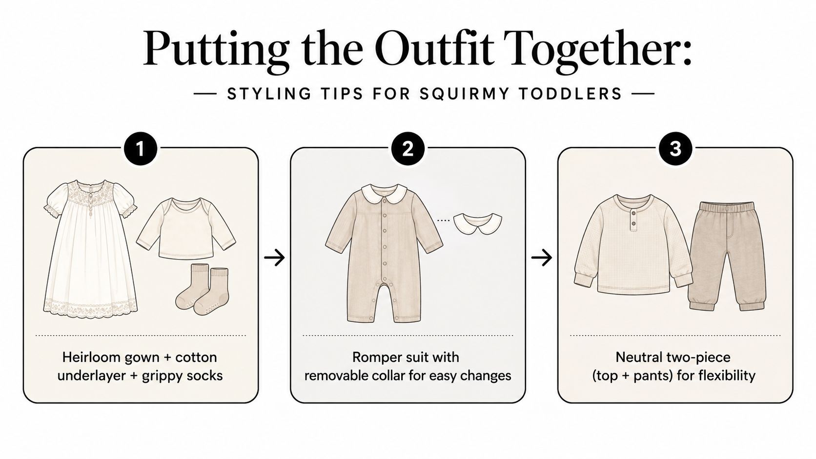 An infographic showing three easy dressing outfit combinations for active toddlers, including gowns, rompers, and sets.