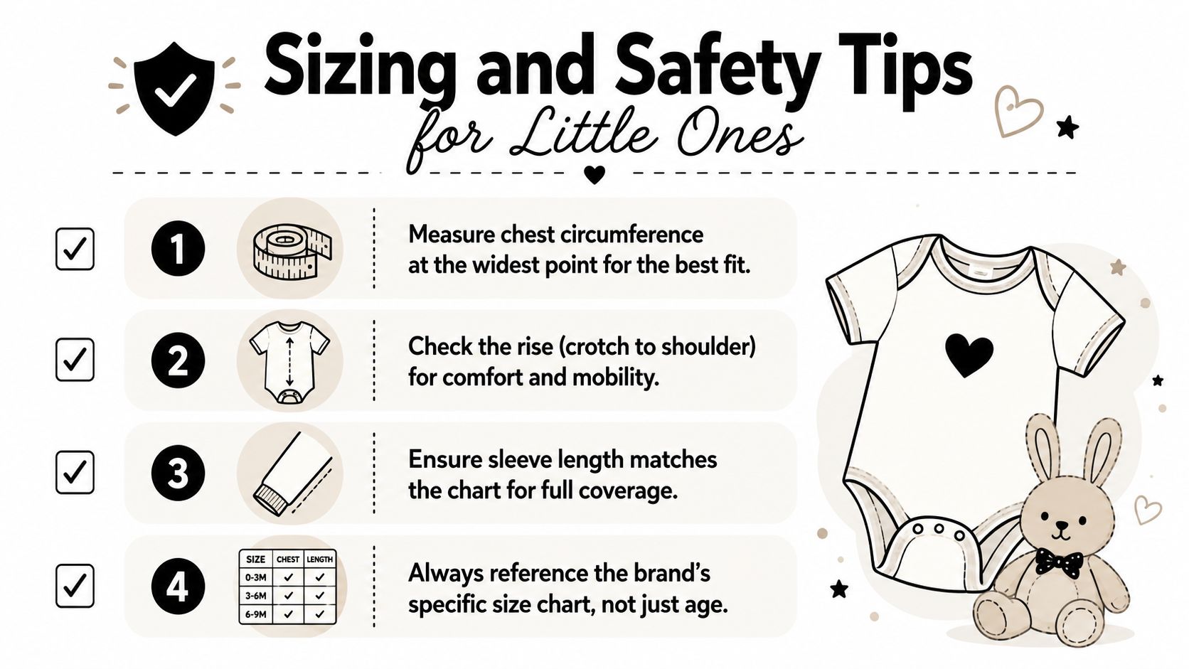 A helpful infographic guide illustrating four tips for sizing and safety when choosing baby clothing for little ones.