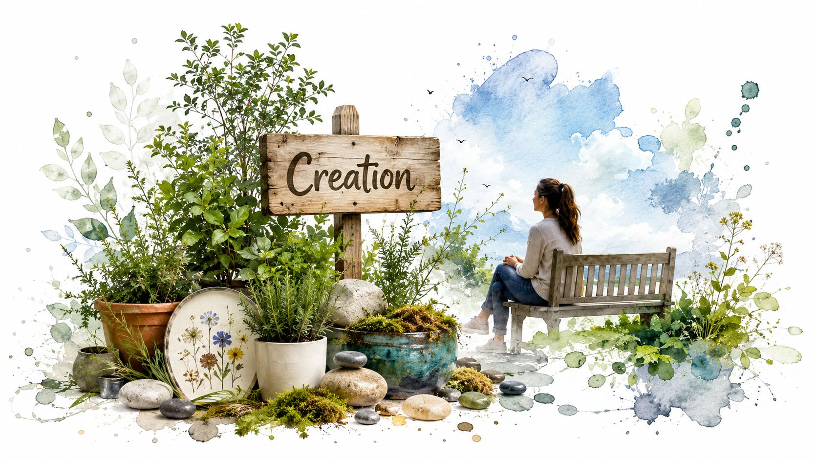 A serene scene featuring a woman sitting on a bench surrounded by plants and a wooden creation sign.